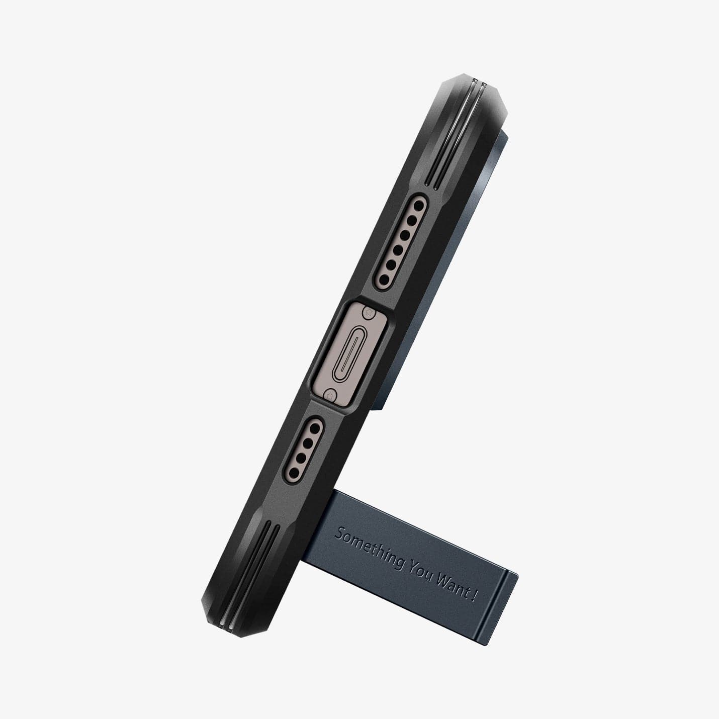 ACS04841 - iPhone 14 Pro Max Case Tough Armor (MagFit) in metal slate showing the bottom of device being propped up horizontally by built in kickstand