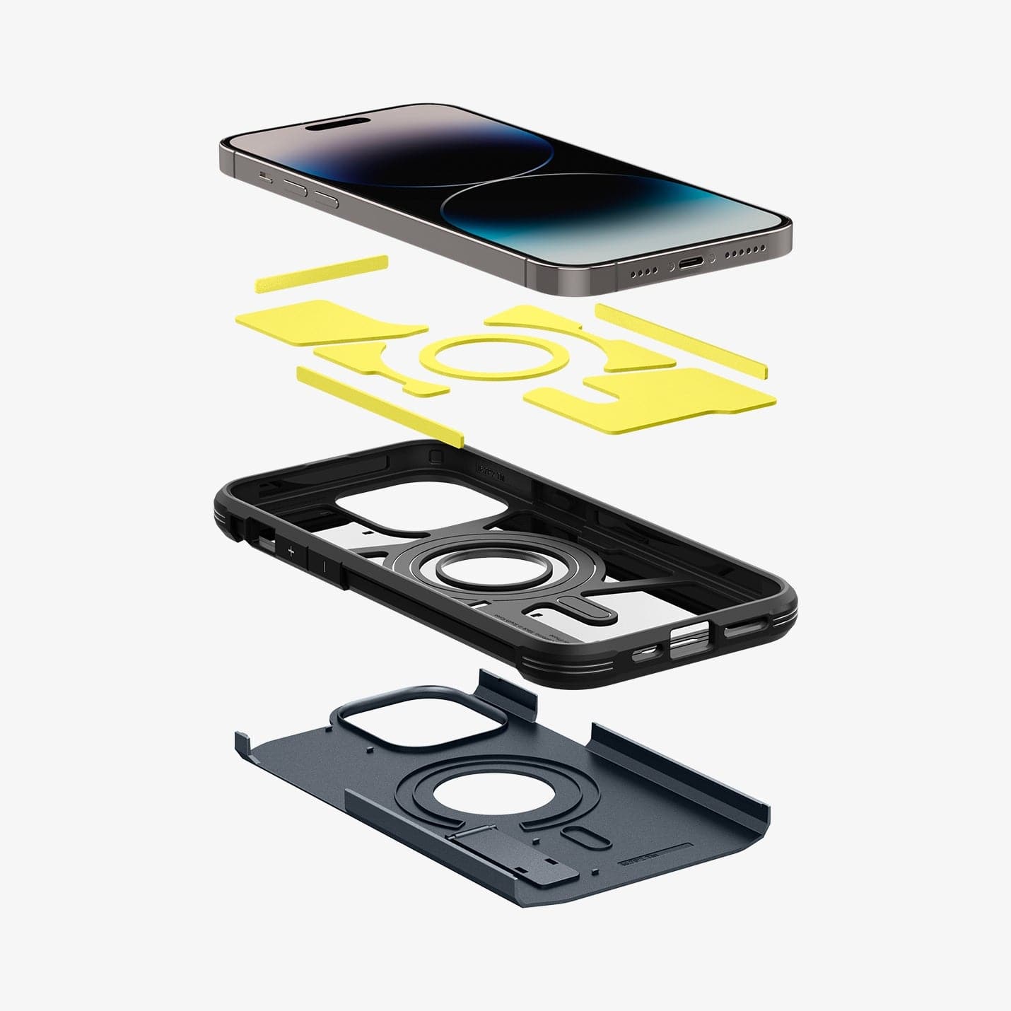 ACS04841 - iPhone 14 Pro Max Case Tough Armor (MagFit) in metal slate showing the hard pc, flexible tpu, impact foam and device