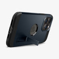 ACS04841 - iPhone 14 Pro Max Case Tough Armor (MagFit) in metal slate showing the device being propped up horizontally by built in kickstand