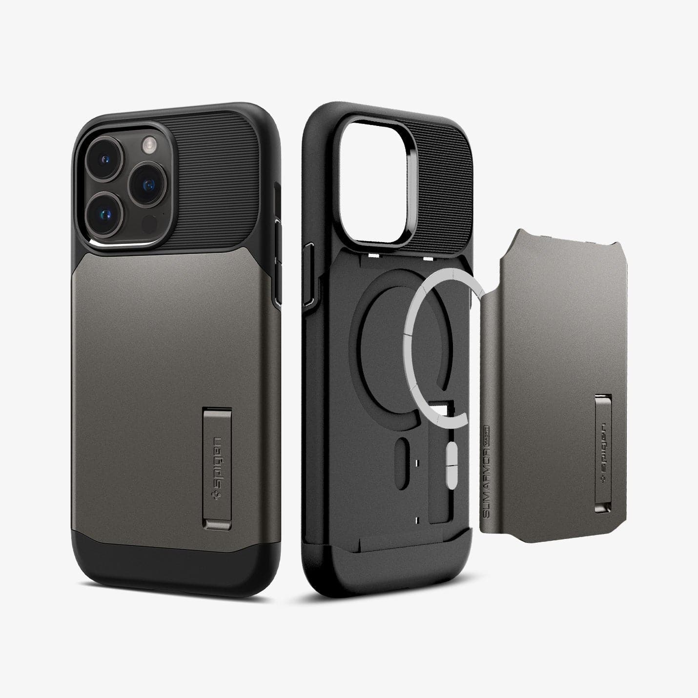 ACS04673 - iPhone 14 Pro Case Slim Armor (MagFit) in gunmetal showing the back and magsafe layer