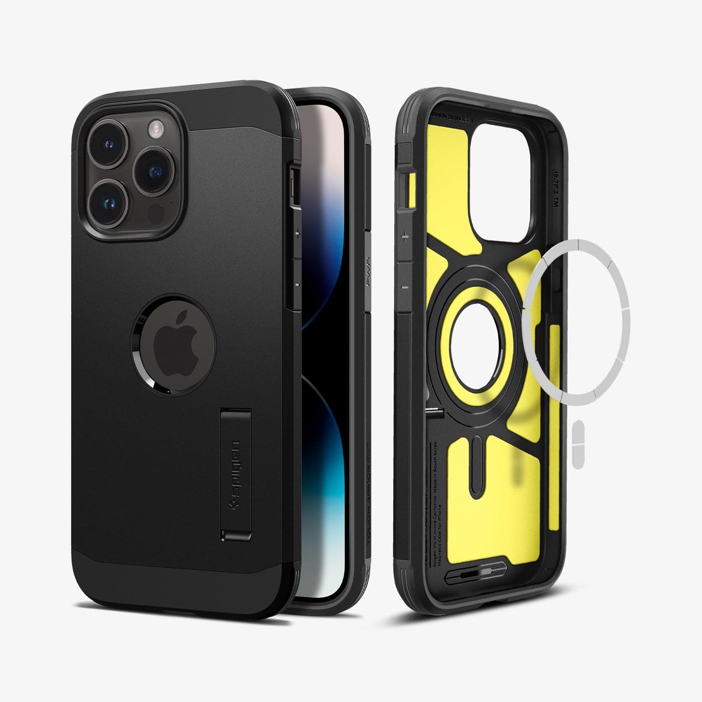 ACS04985 - iPhone 14 Pro Case Tough Armor (MagFit) in black showing the back, front and magsafe layer of back