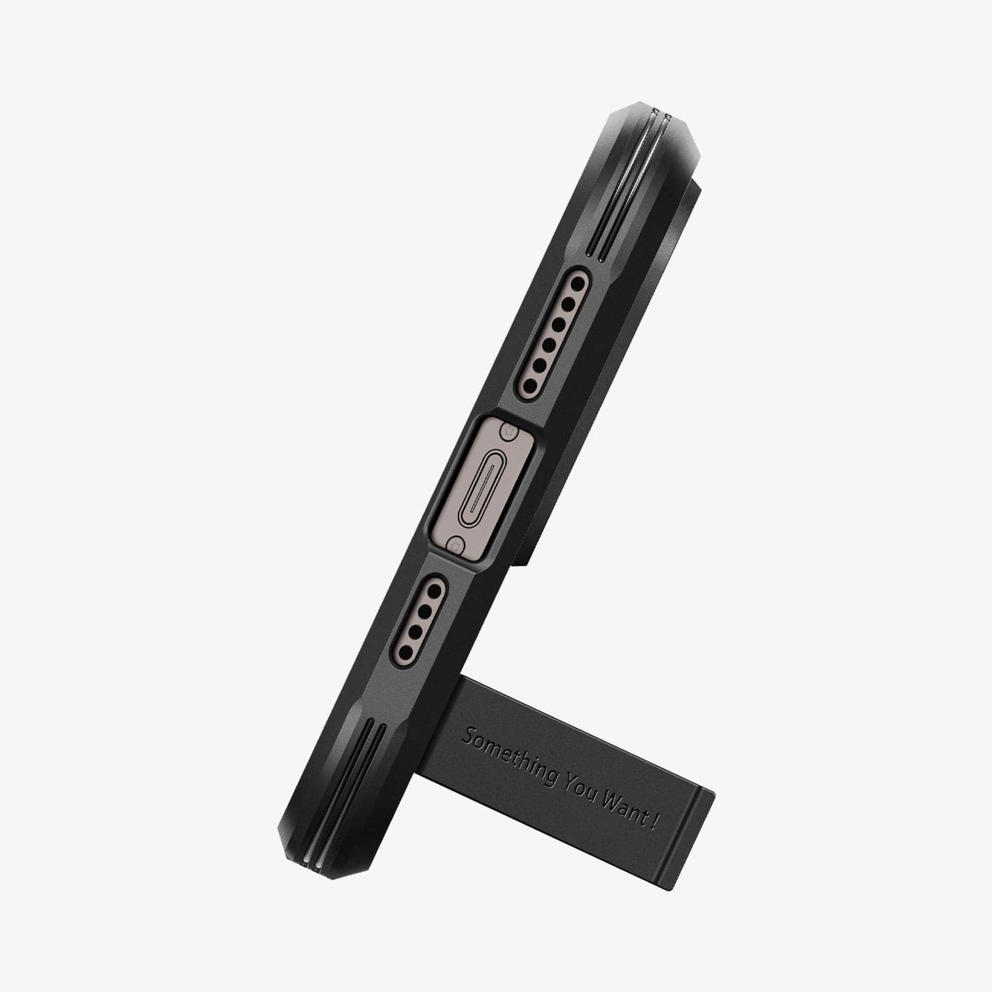 ACS04985 - iPhone 14 Pro Case Tough Armor (MagFit) in black showing the bottom of device being propped up horizontally by built in kickstand