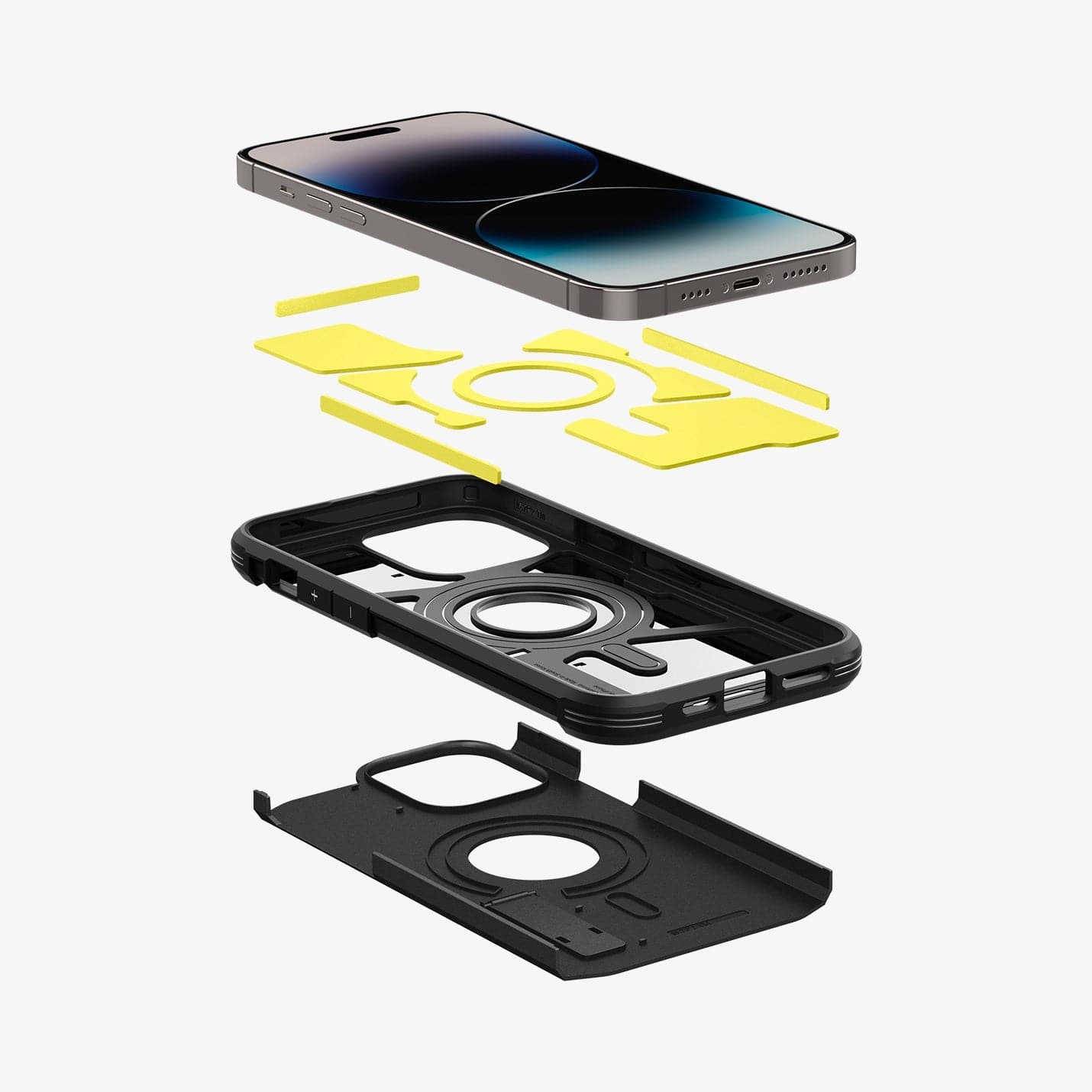 ACS04985 - iPhone 14 Pro Case Tough Armor (MagFit) in black showing the hard pc, flexible tpu, impact foam and device