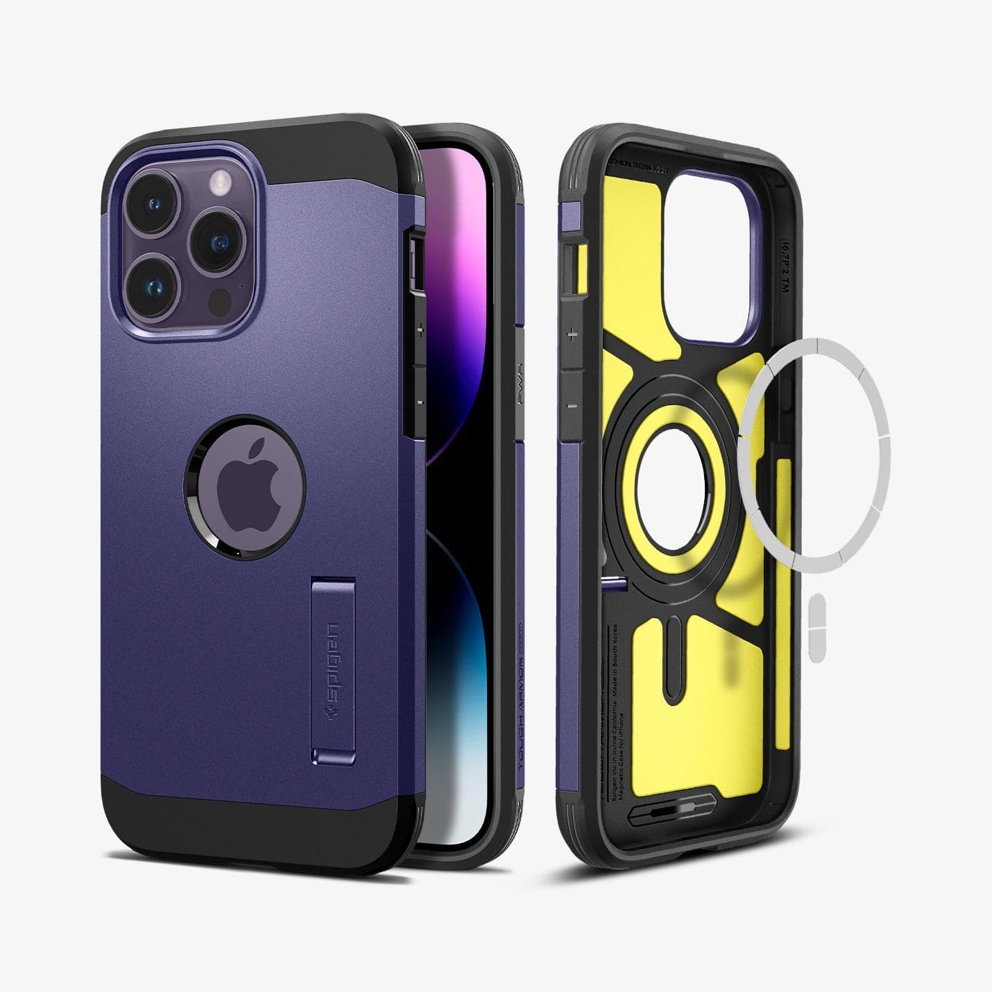 ACS05579 - iPhone 14 Pro Case Tough Armor (MagFit) in deep purple showing the back, front and magsafe layer of back
