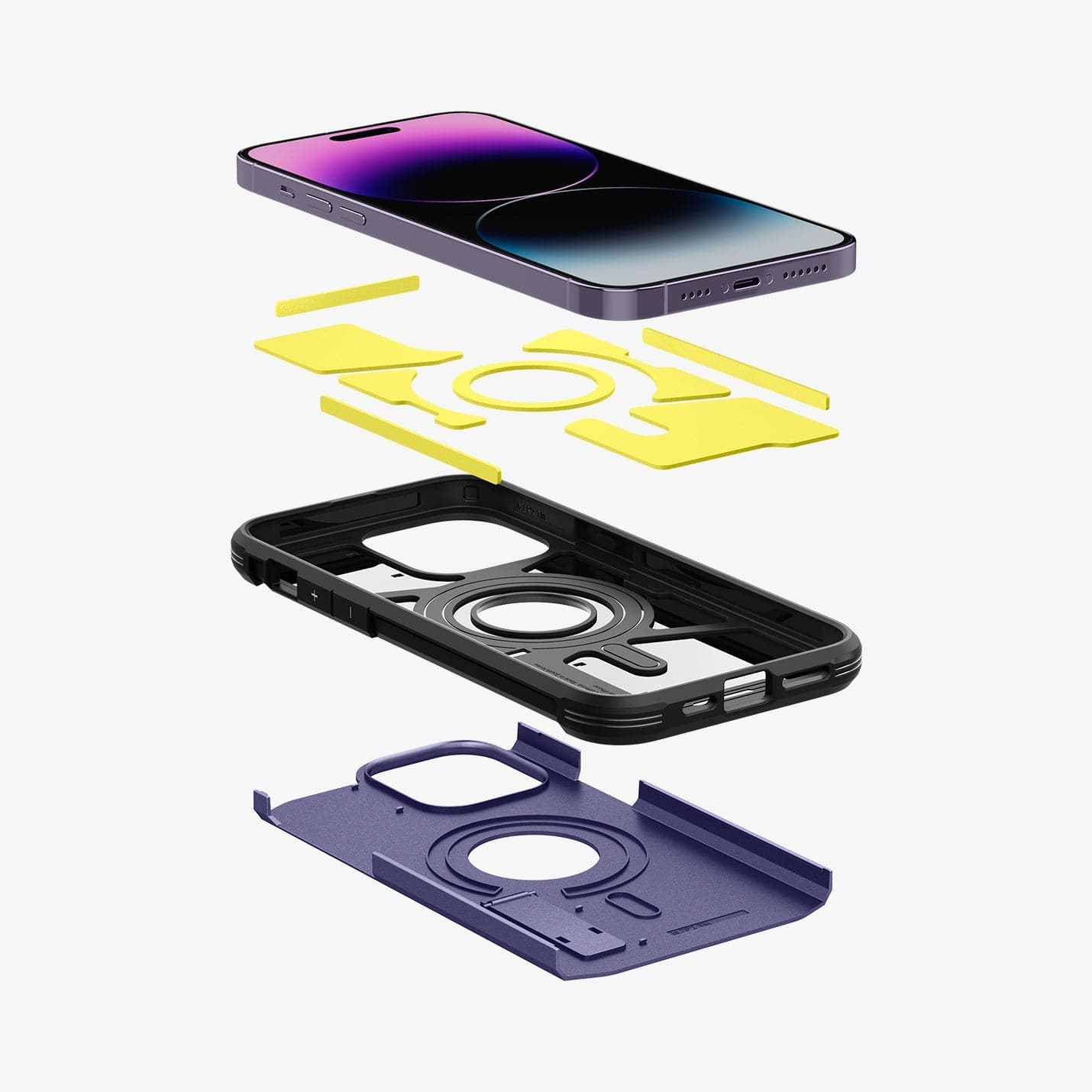 ACS05579 - iPhone 14 Pro Case Tough Armor (MagFit) in deep purple showing the hard pc, flexible tpu, impact foam and device