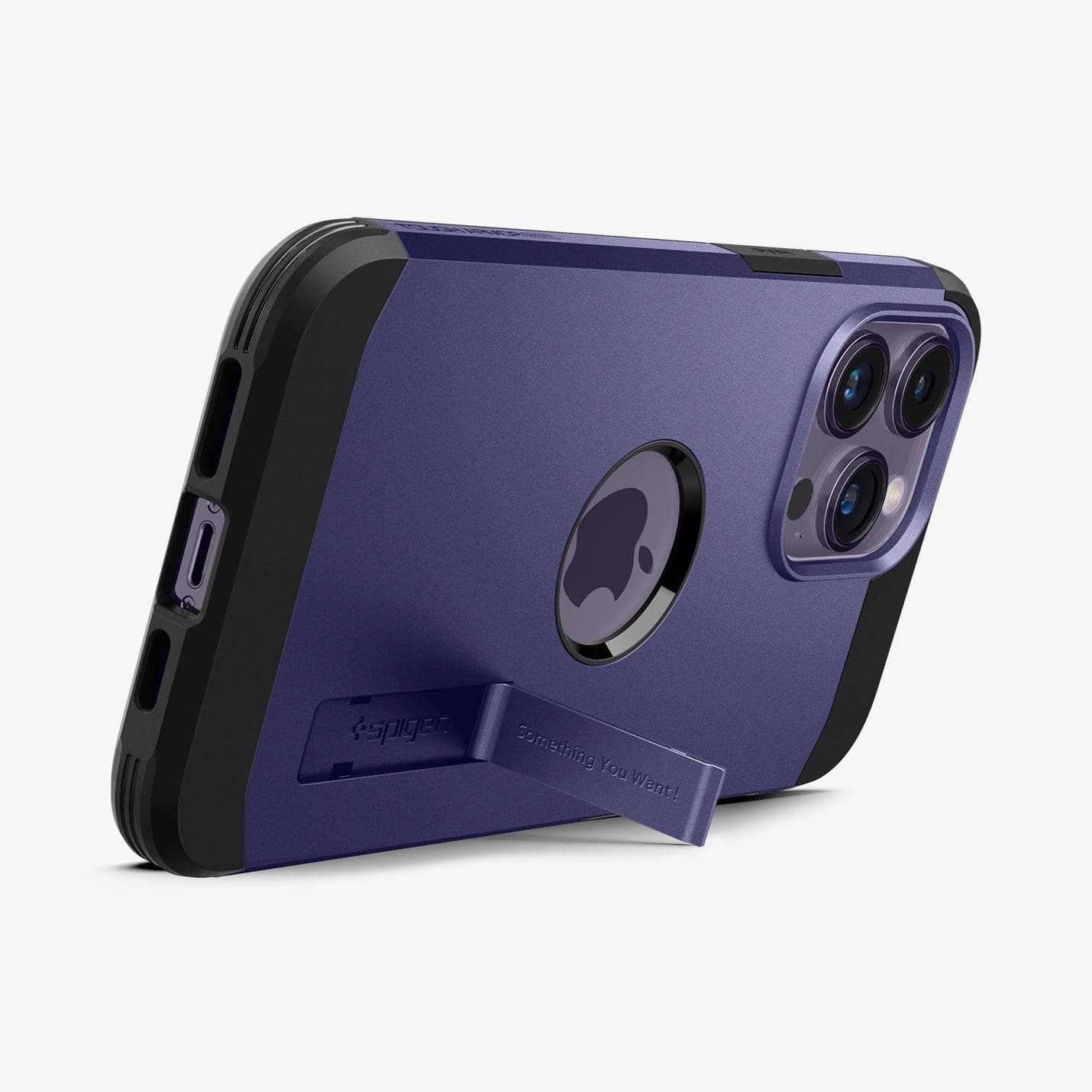 ACS05579 - iPhone 14 Pro Case Tough Armor (MagFit) in deep purple showing the device propped up horizontally by built in kickstand