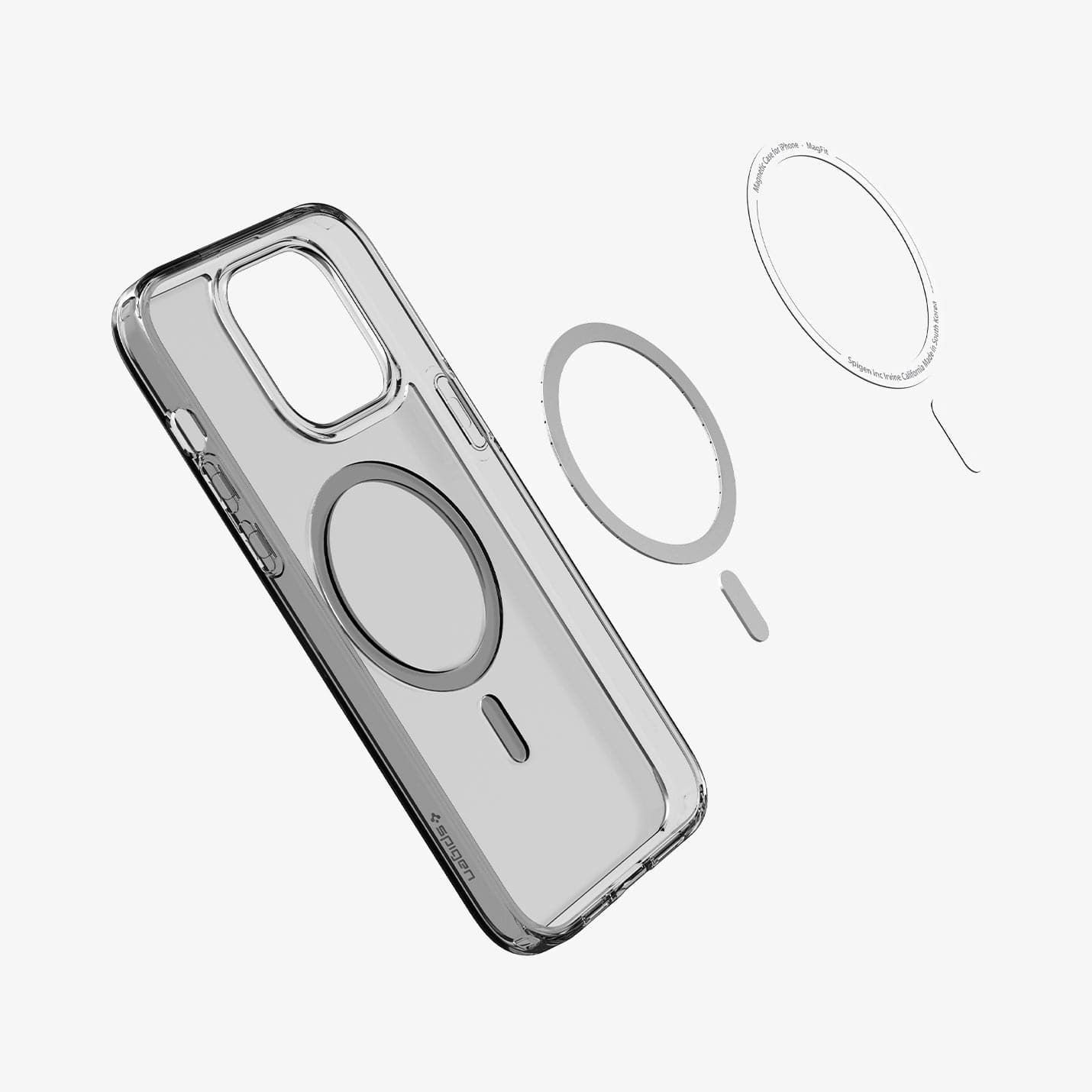 ACS05586 - iPhone 14 Pro Case Ultra Hybrid (MagFit) in frost black showing the inside magnetic ring layers