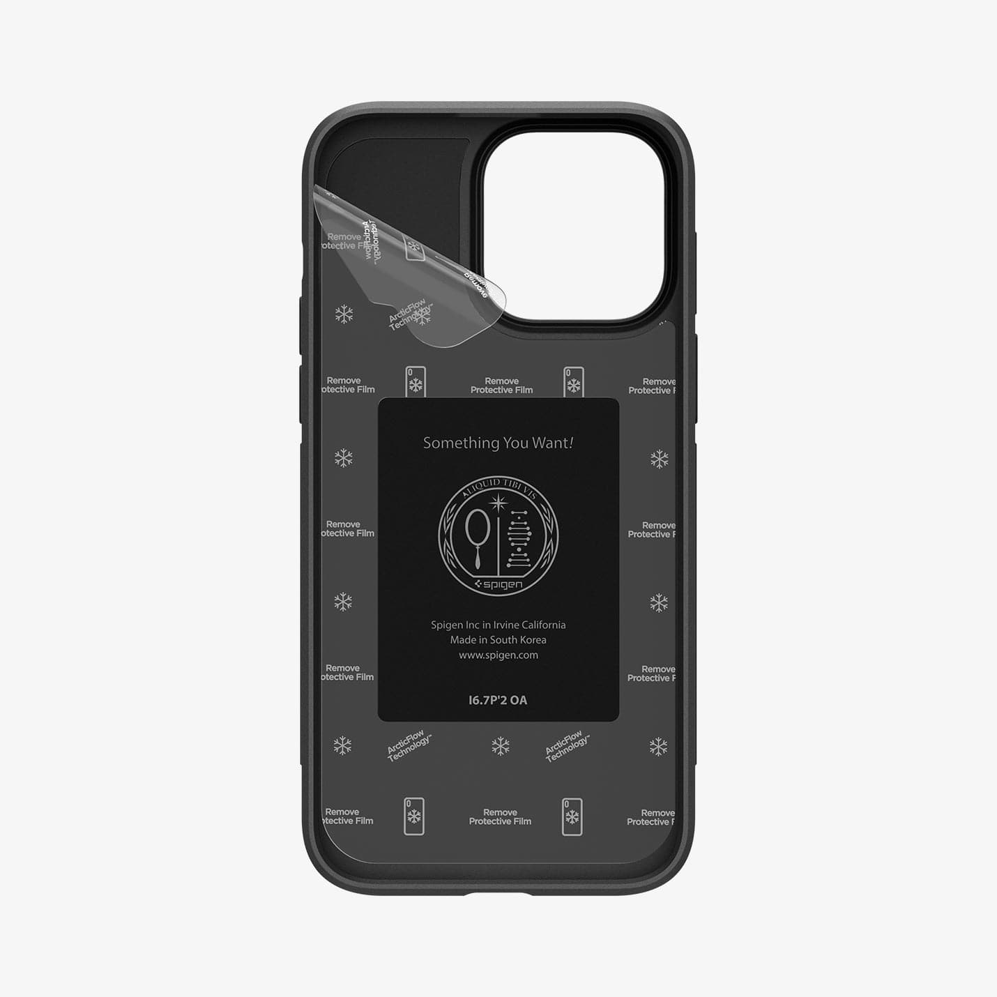 ACS04854 - iPhone 14 Pro Max Case Cryo Armor in matte black showing the inside of case with film slightly peeling off