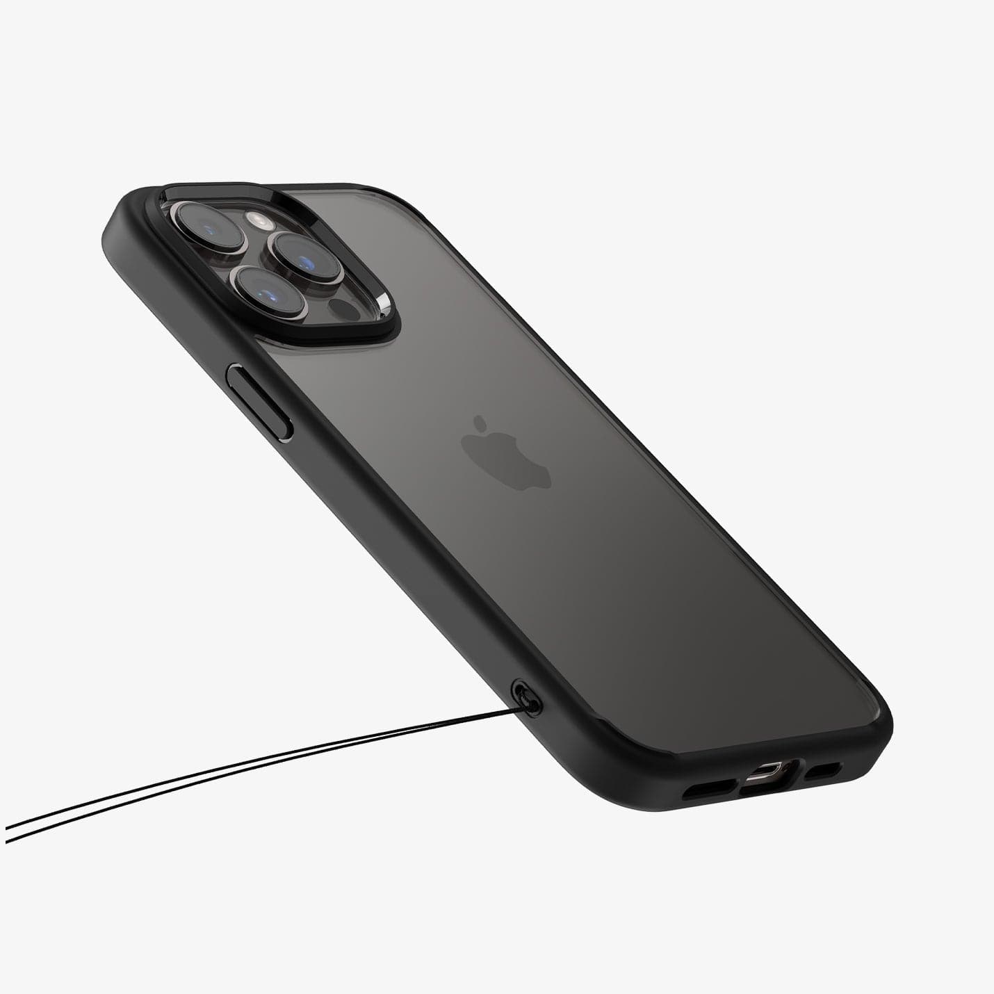 ACS04961 - iPhone 14 Pro Case Ultra Hybrid in matte black showing the back and side with wristlet holes