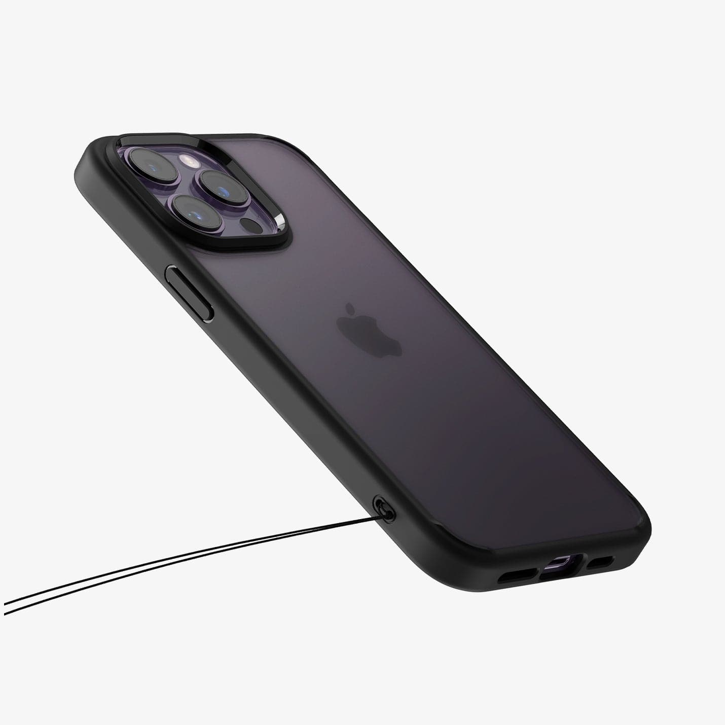 ACS04968 - iPhone 14 Pro Case Ultra Hybrid in frost black showing the back and side with lanyard in side hole
