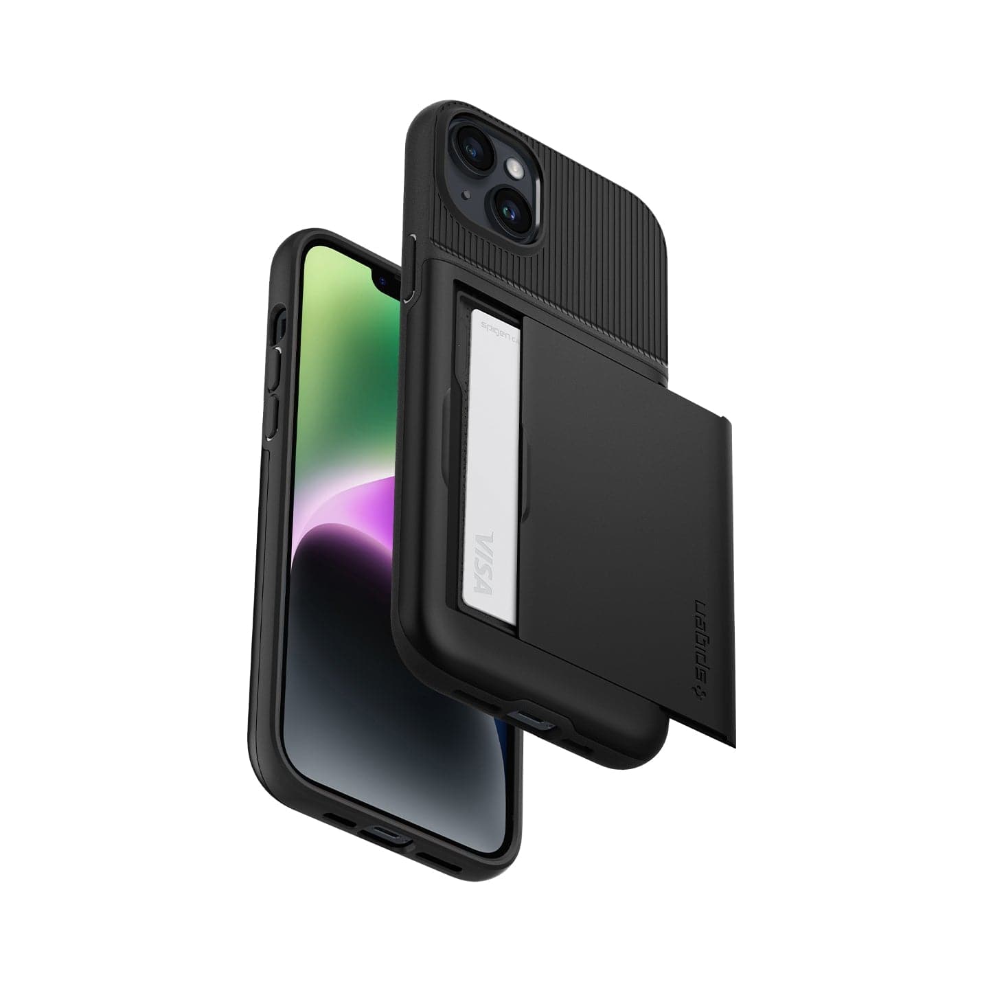 ACS05058 - iPhone 14 Case Slim Armor CS in black showing the back, bottom, sides and front with card in slot