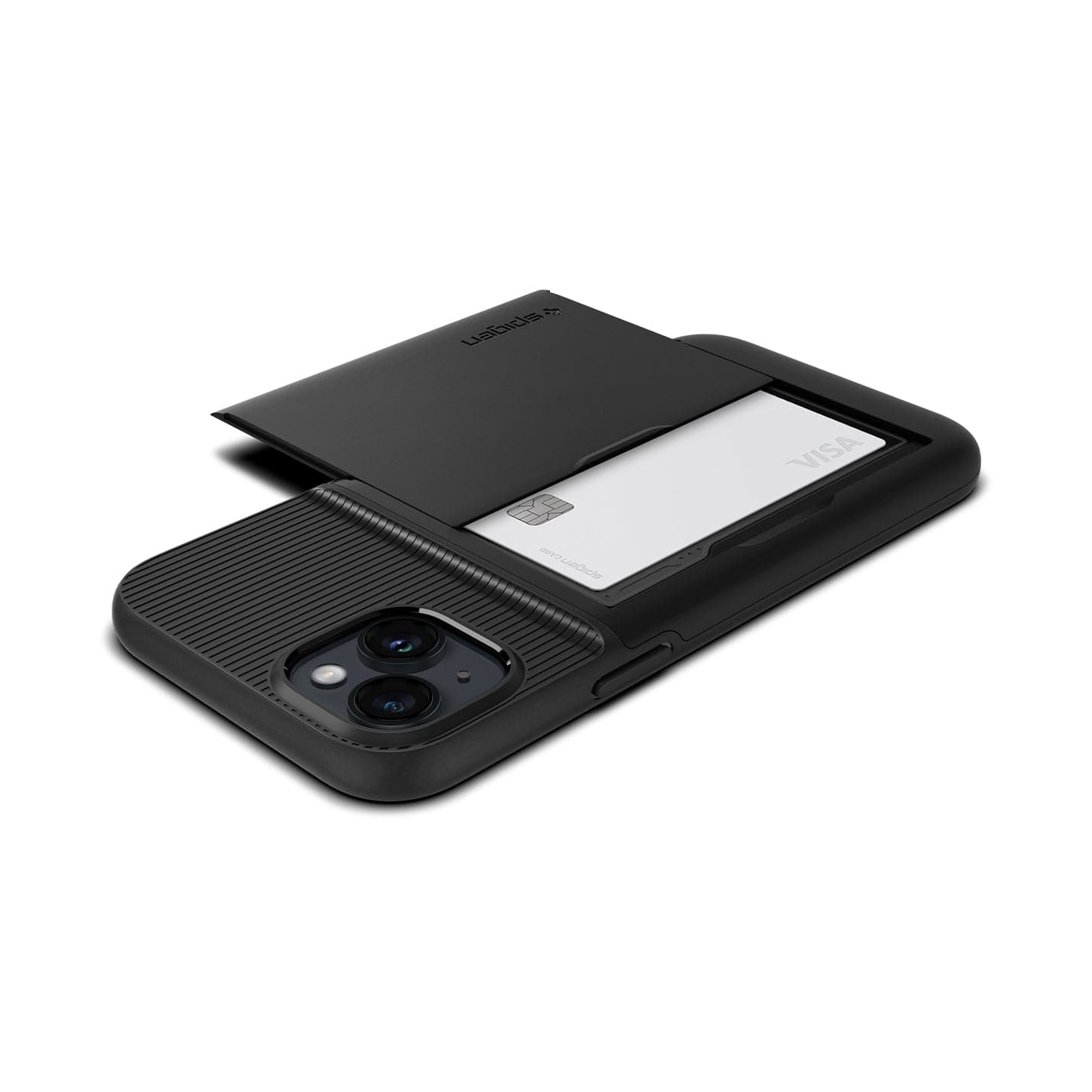 ACS05058 - iPhone 14 Case Slim Armor CS in black showing the back and side with card in slot and device laying flat
