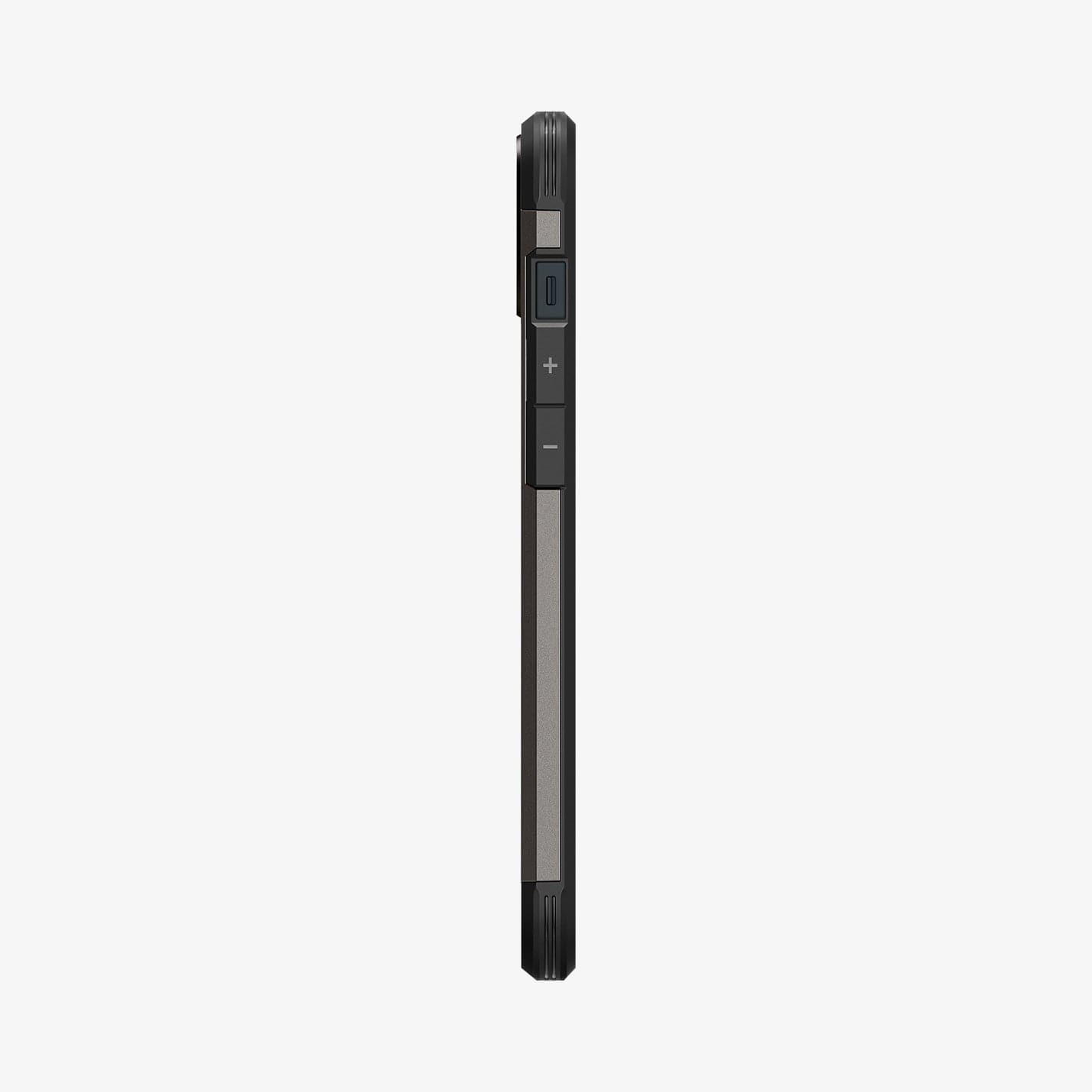 ACS05061 - iPhone 14 Case Tough Armor (MagFit) in gunmetal showing the side with volume controls