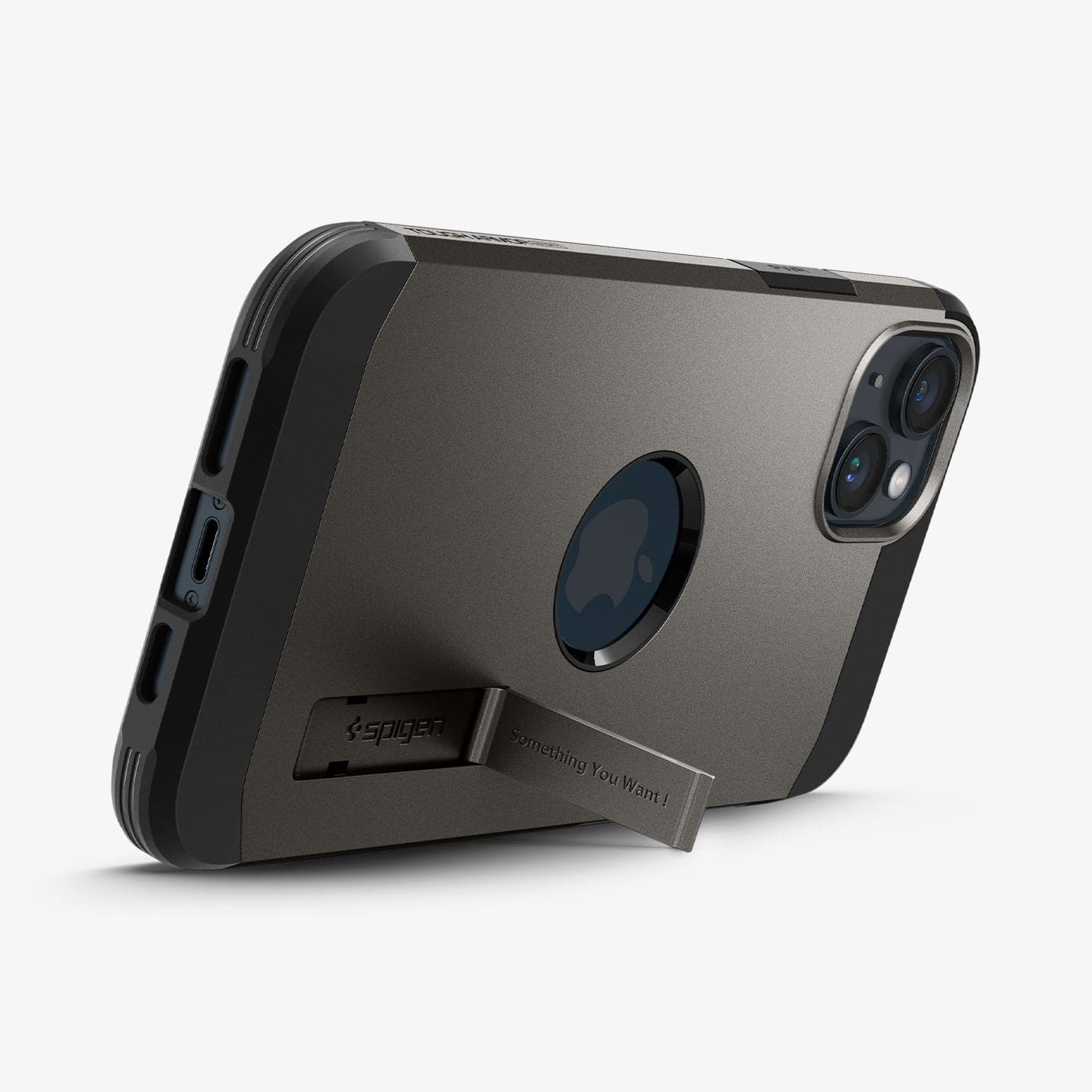ACS05061 - iPhone 14 Case Tough Armor (MagFit) in gunmetal showing the device being propped up horizontally by built in kickstand