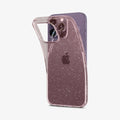 ACS04955 - iPhone 14 Pro Case Liquid Crystal Glitter in rose quartz showing the back bending slightly away from the device to show the flexibility