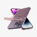 ACS04955 - iPhone 14 Pro Case Liquid Crystal Glitter in rose quartz showing the front, side and back bending away slightly from device to show the flexibility