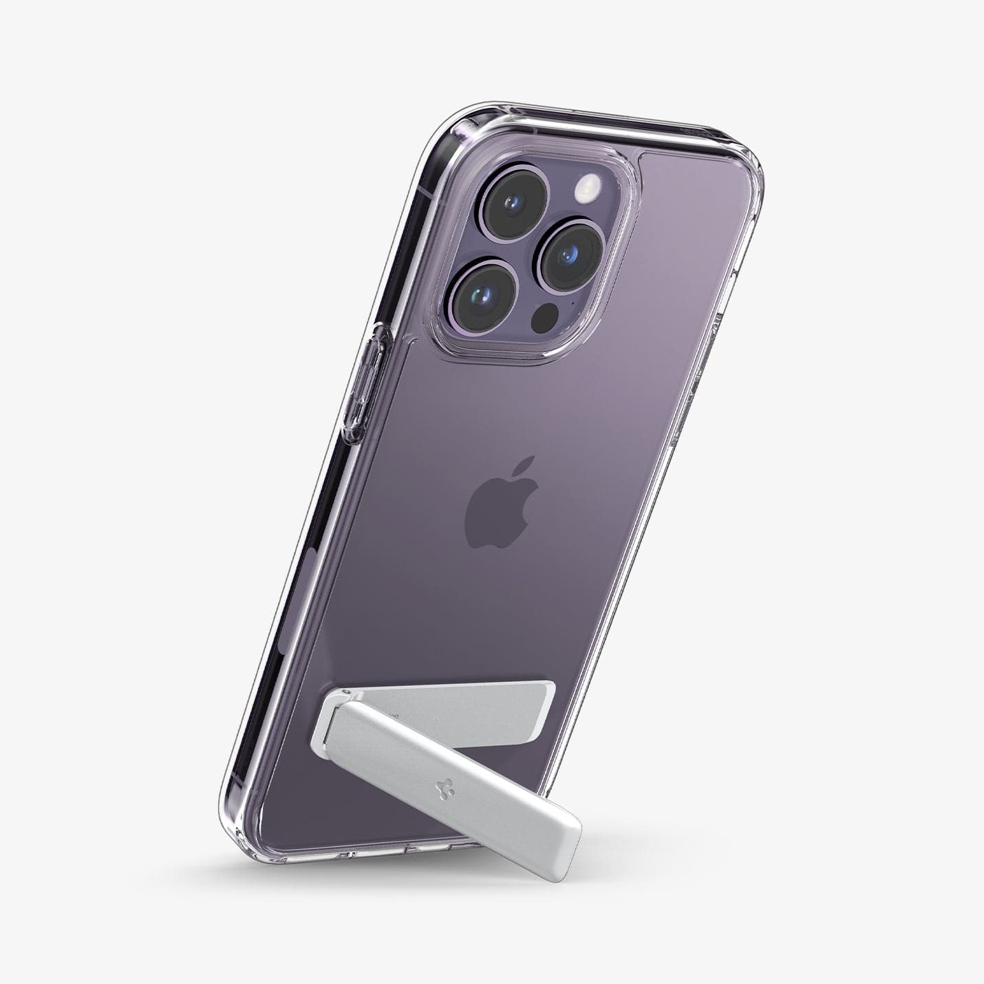 ACS04973 - iPhone 14 Pro Case Ultra Hybrid S in crystal clear showing the back with device propped up vertically by built in kickstand