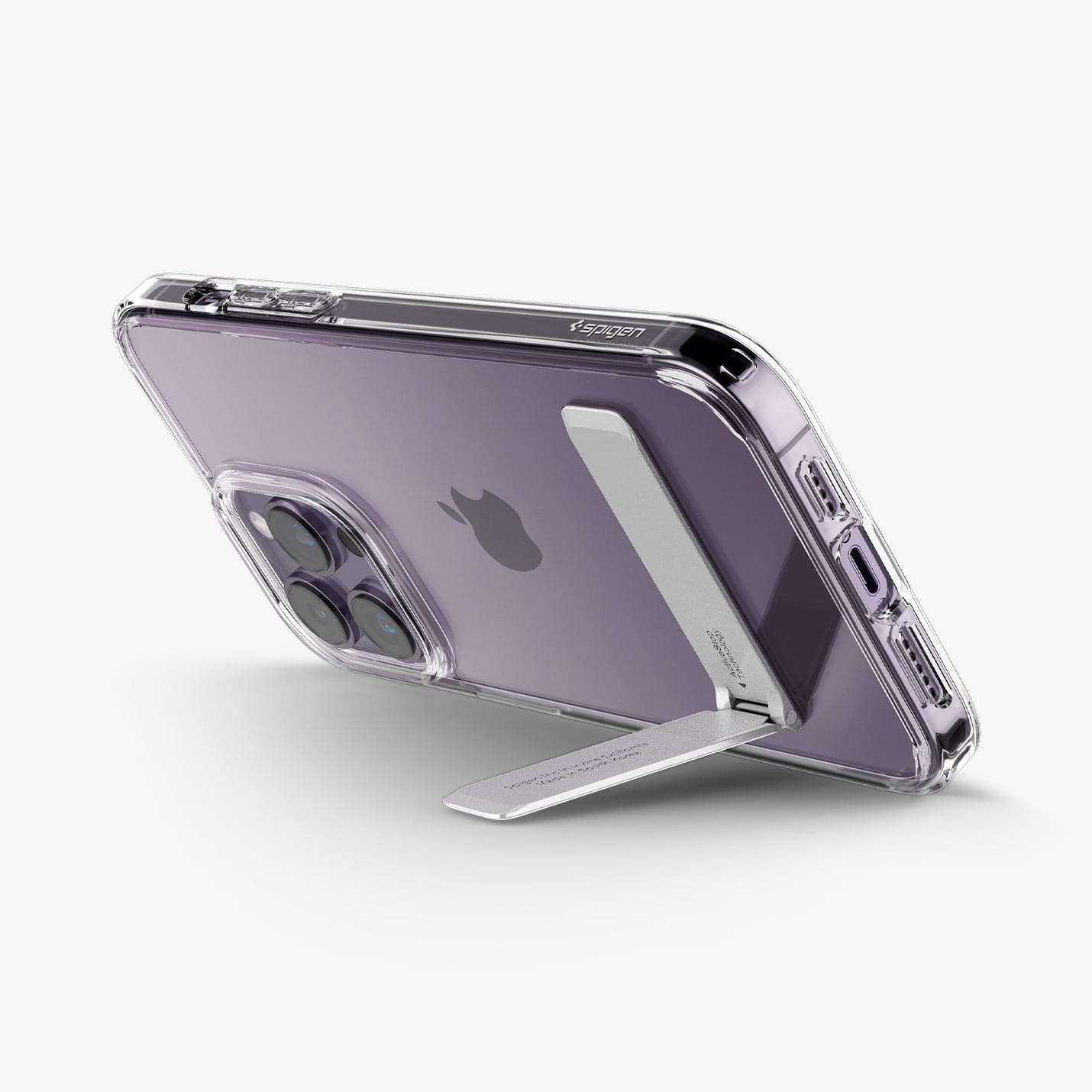 ACS04973 - iPhone 14 Pro Case Ultra Hybrid S in crystal clear showing the back with device propped up horizontally by built in kickstand