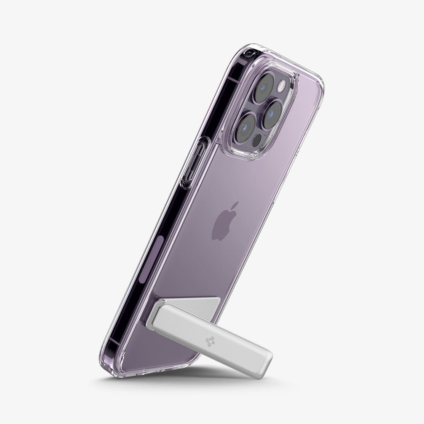 ACS04973 - iPhone 14 Pro Case Ultra Hybrid S in crystal clear showing the back with device propped up vertically by built in kickstand