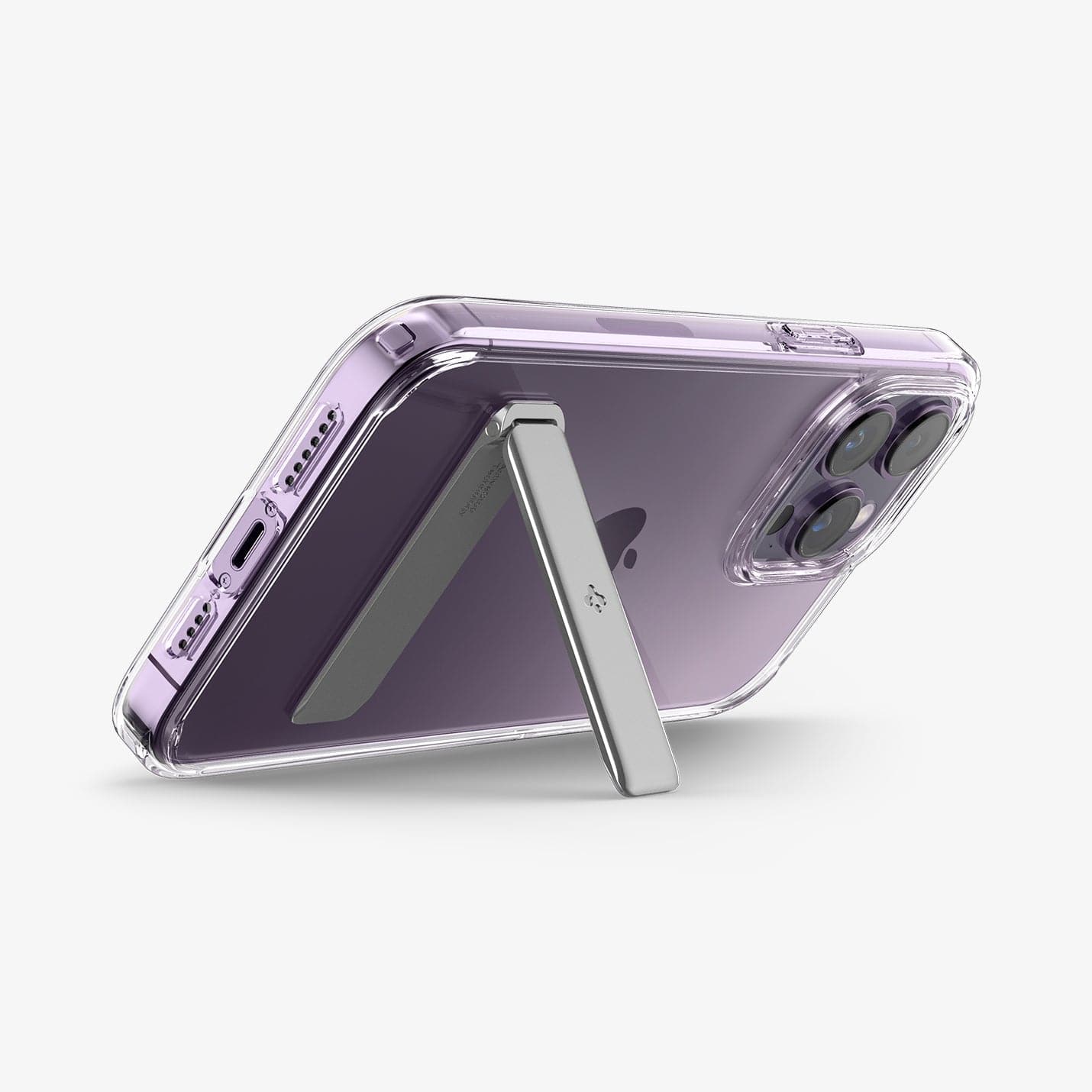 ACS04973 - iPhone 14 Pro Case Ultra Hybrid S in crystal clear showing the back with device propped up horizontally by built in kickstand