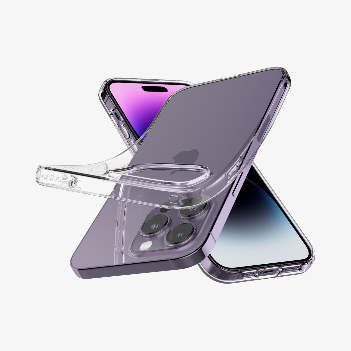 ACS04809 - iPhone 14 Pro Max Case Liquid Crystal in crystal clear showing the back bending slightly away from device to show the flexibility upside down view
