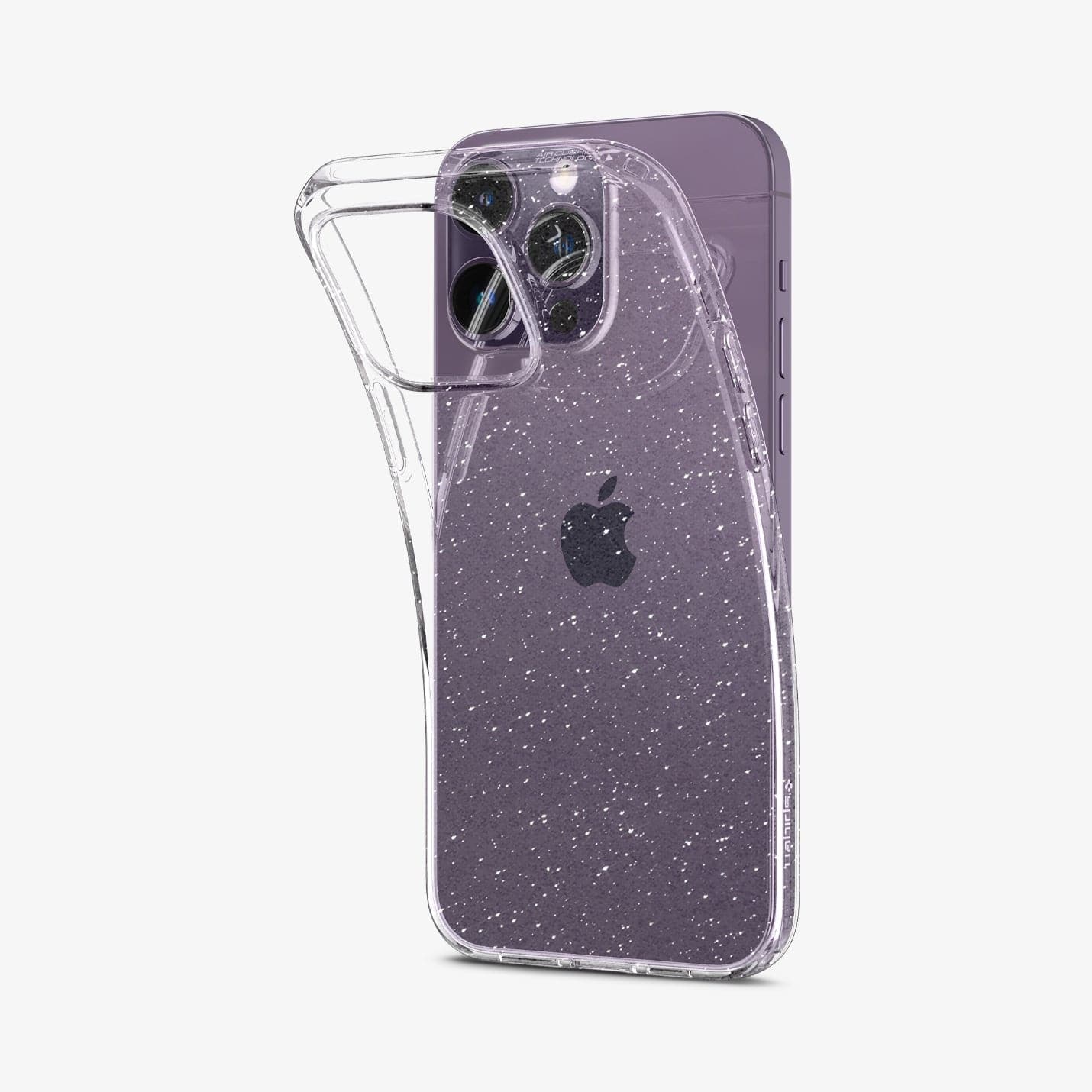 ACS04810 - iPhone 14 Pro Max Case Liquid Crystal Glitter in crystal quartz showing the back bending slightly away from the device to show the flexibility