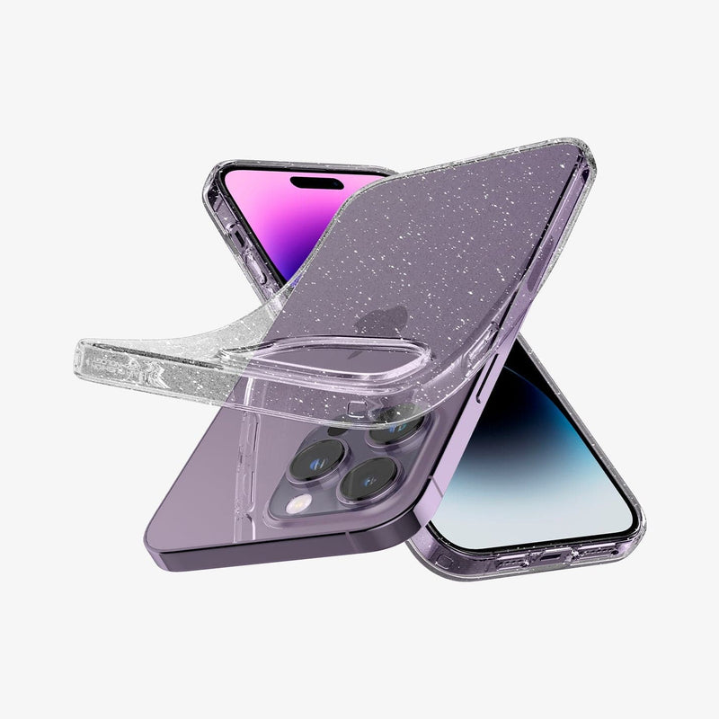 ACS04810 - iPhone 14 Pro Max Case Liquid Crystal Glitter in crystal quartz showing the front, side and back bending away slightly from device to show the flexibility