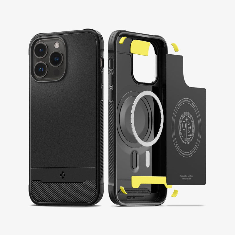 ACS04812 - iPhone 14 Pro Max Case Rugged Armor (MagFit) in matte black showing the back and inside of case with mag layers