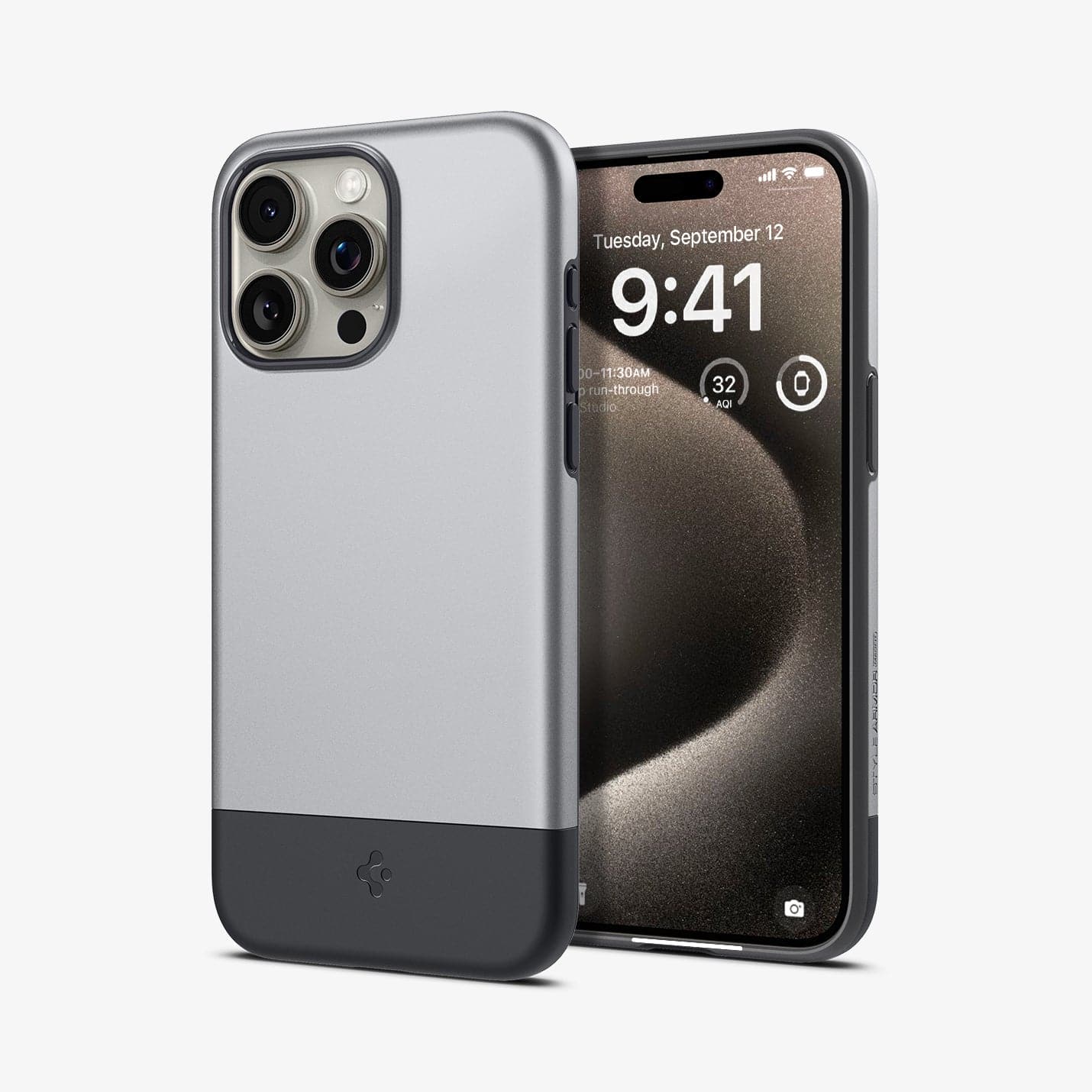 ACS06748 - iPhone 15 Pro Case Style Armor (MagFit) in classic silver showing the back and front
