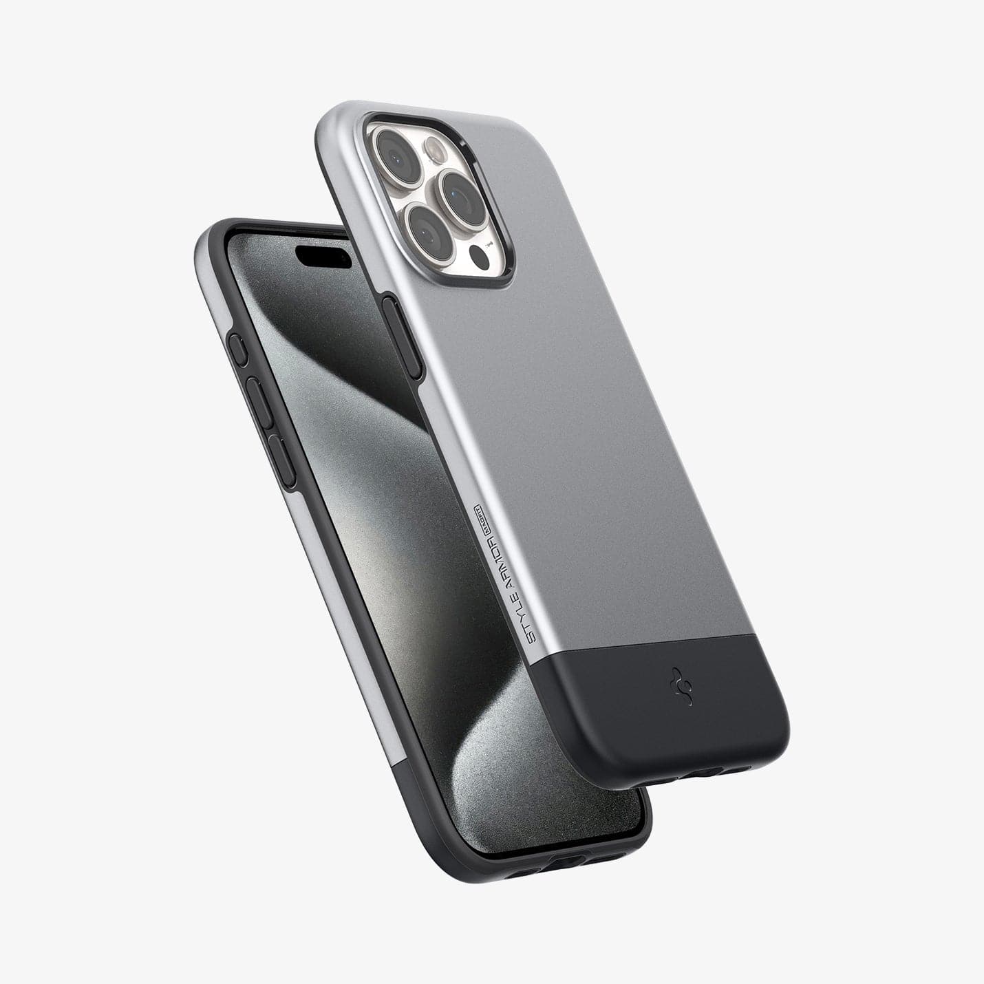 ACS06748 - iPhone 15 Pro Case Style Armor (MagFit) in classic silver showing the back, front and sides