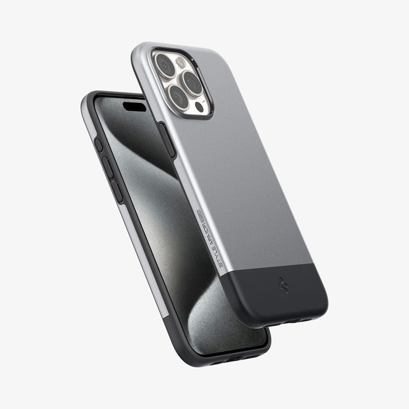 ACS06613 - iPhone 15 Pro Max Case Style Armor (MagFit) in classic silver showing the back, front and sides
