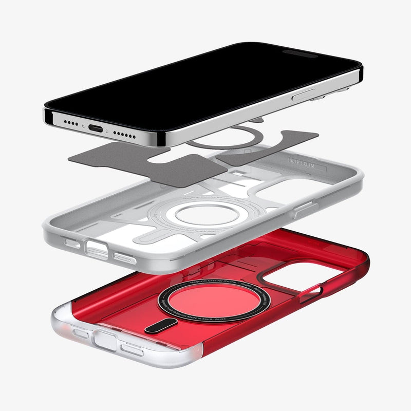 ACS06609 - iPhone 15 Pro Max Case Classic C1 (MagFit) in ruby showing the device hovering above multiple layers of case