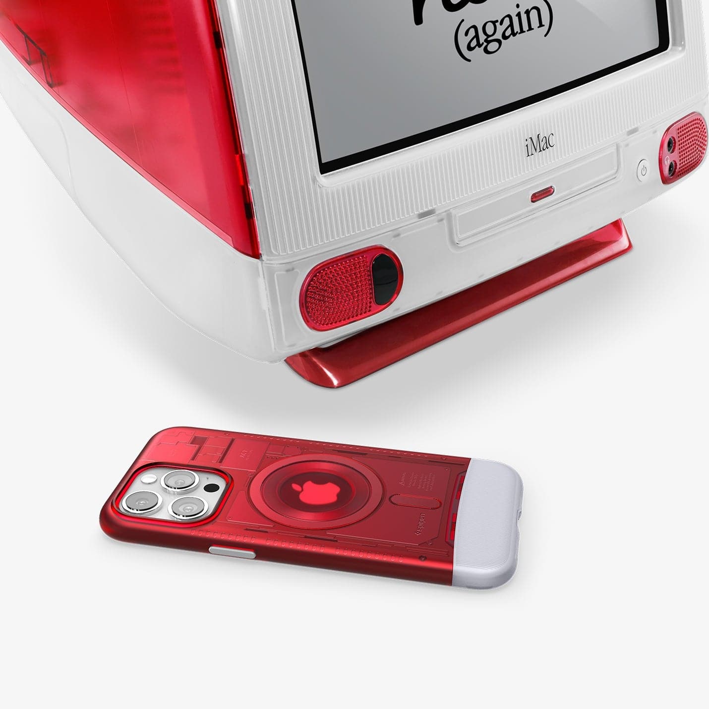ACS06609 - iPhone 15 Pro Max Case Classic C1 (MagFit) in ruby showing the device laying beside an old model of mac
