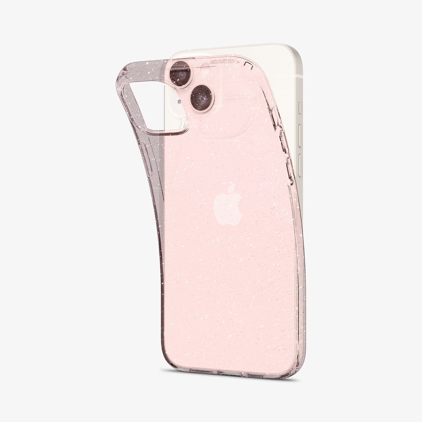 ACS05035 - iPhone 14 Case Liquid Crystal Glitter in rose quartz showing the back bending slightly away from the device to show the flexibility