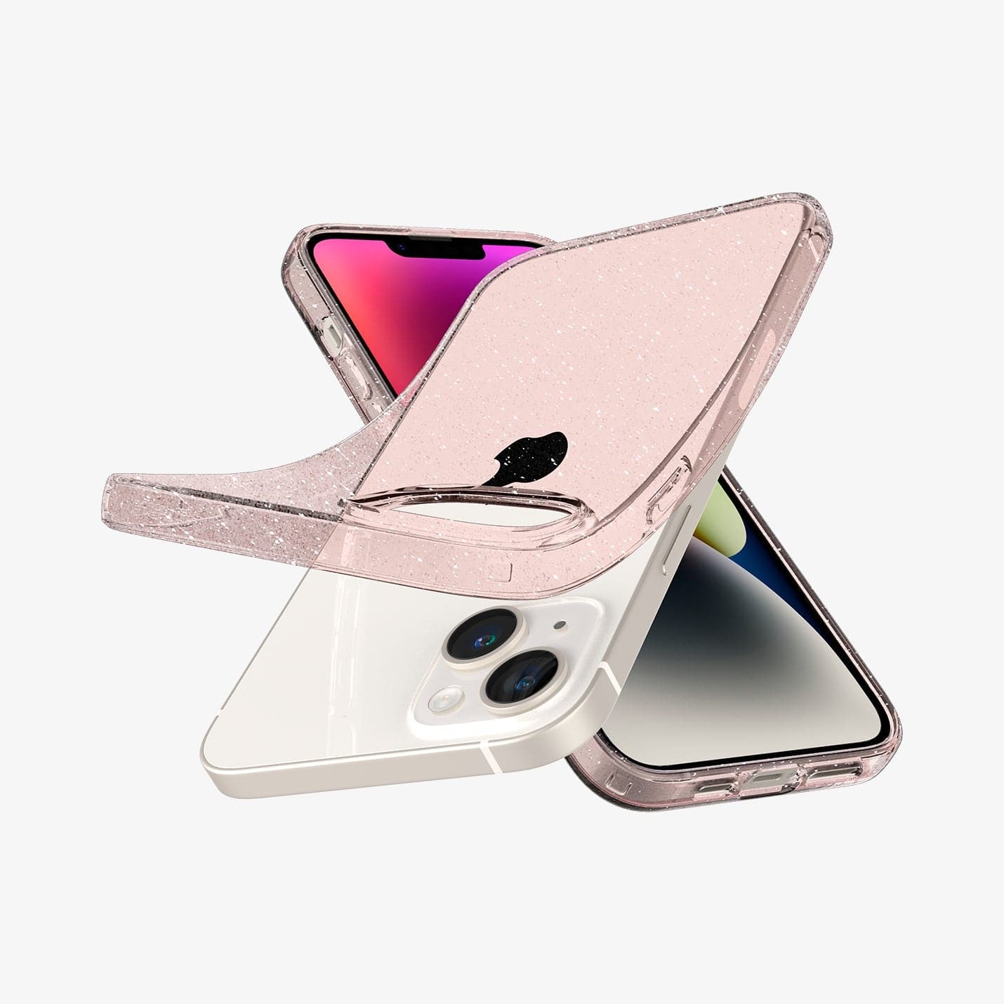 ACS05035 - iPhone 14 Case Liquid Crystal Glitter in rose quartz showing the front, side and back bending away slightly from device to show the flexibility