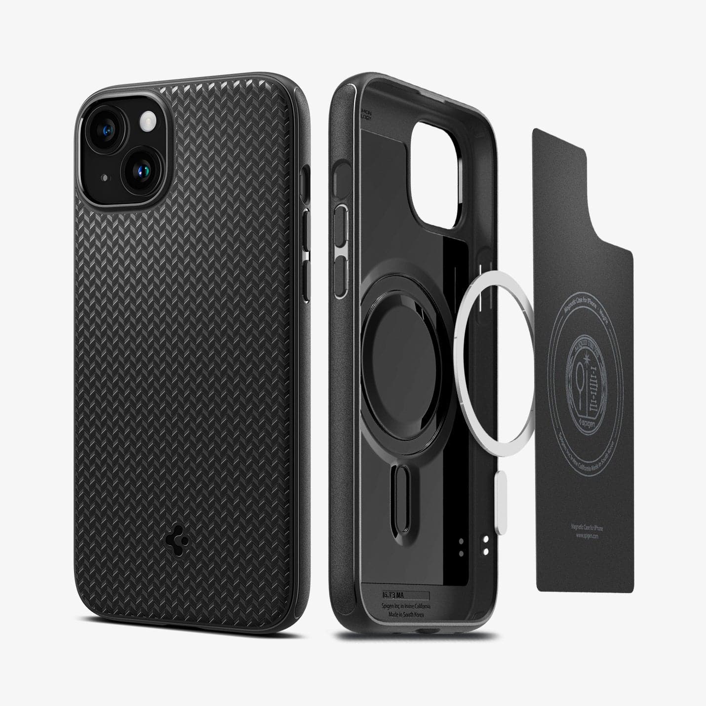 ACS06815 - iPhone 15 Case Mag Armor (MagFit) in matte black showing the back and inside magnetic ring layers