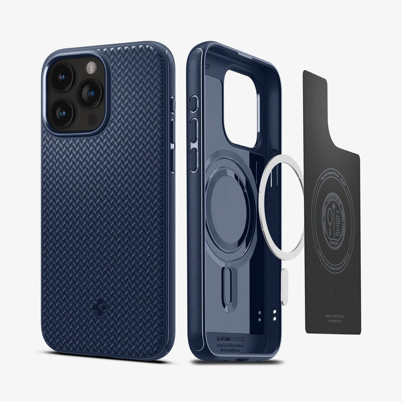 ACS06737 - iPhone 15 Pro Case Mag Armor (MagFit) in navy blue showing the back and inside magnetic ring layers