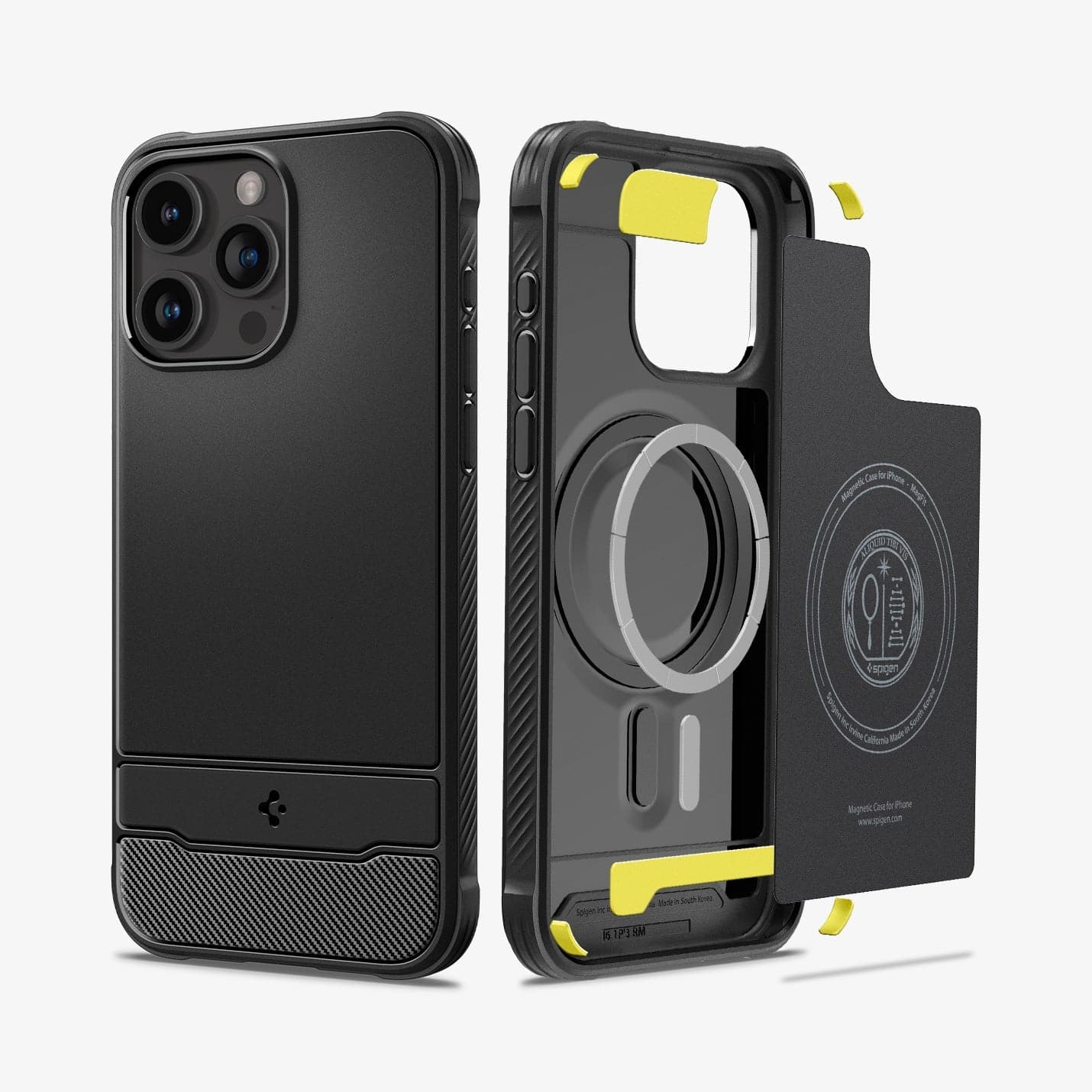 ACS06703 - iPhone 15 Pro Case Rugged Armor (MagFit) in matte black showing the back and inside magnetic ring layer of case