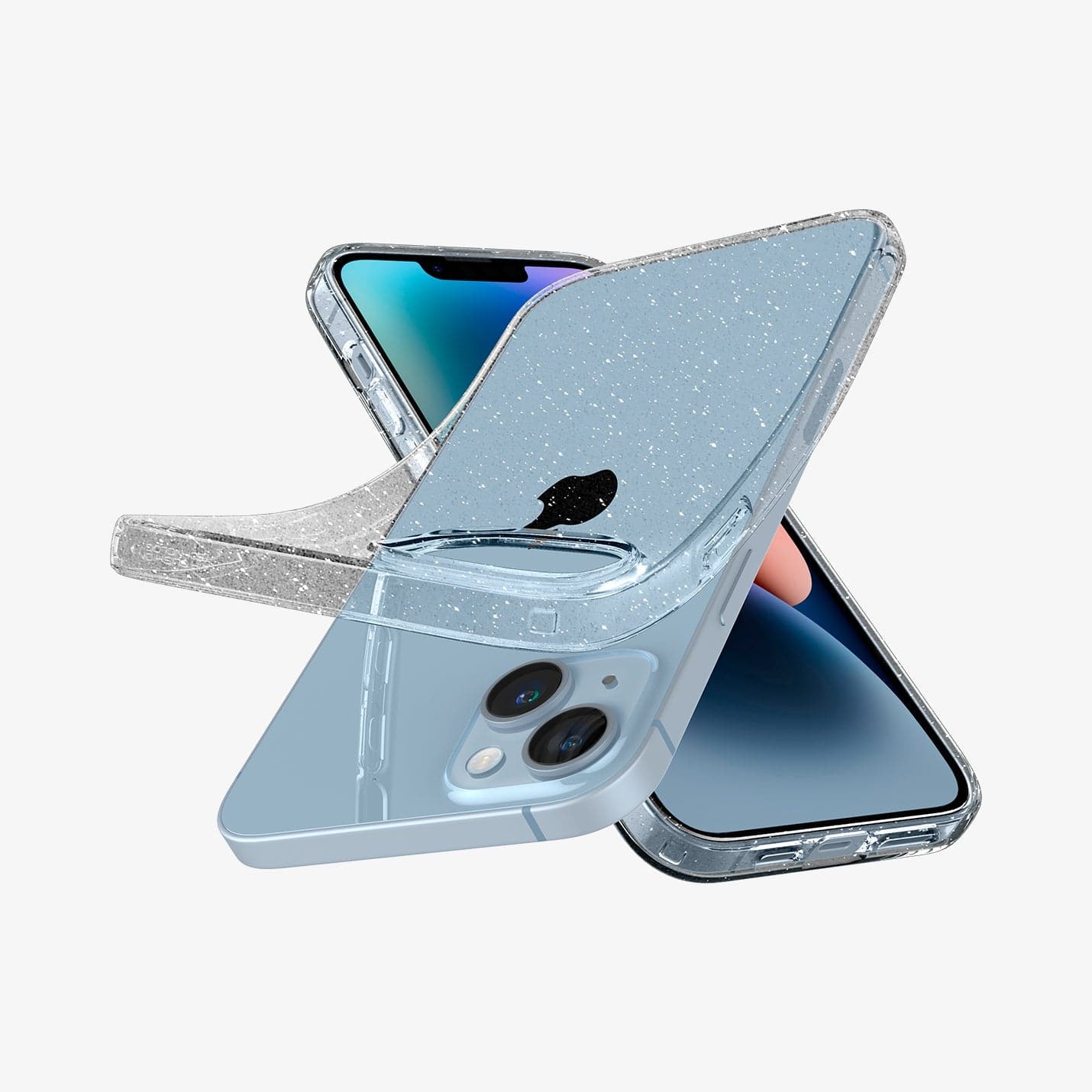 ACS04888 - iPhone 14 Plus Case Liquid Crystal Glitter in crystal quartz showing the front, side and back bending away slightly from device to show the flexibility