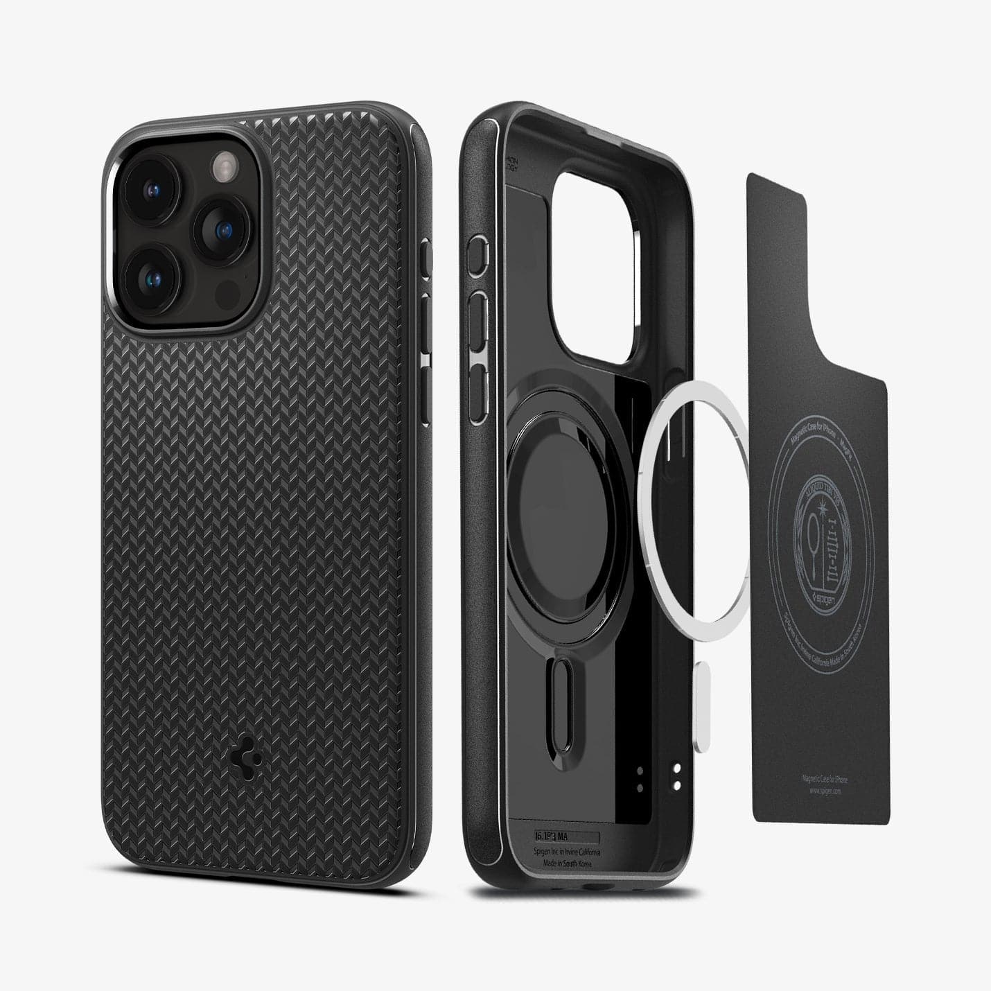 ACS06597 - iPhone 15 Pro Max Case Mag Armor (MagFit) in matte black showing the back and inside magnetic ring layers