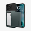 ACS06592 - iPhone 15 Pro Max Case Slim Armor CS in abyss green showing the back and front with card in slot