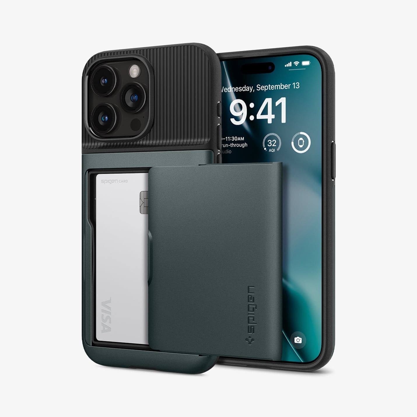 ACS06592 - iPhone 15 Pro Max Case Slim Armor CS in abyss green showing the back and front with card in slot