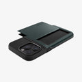 ACS06592 - iPhone 15 Pro Max Case Slim Armor CS in abyss green showing the back, side and top with card slot open