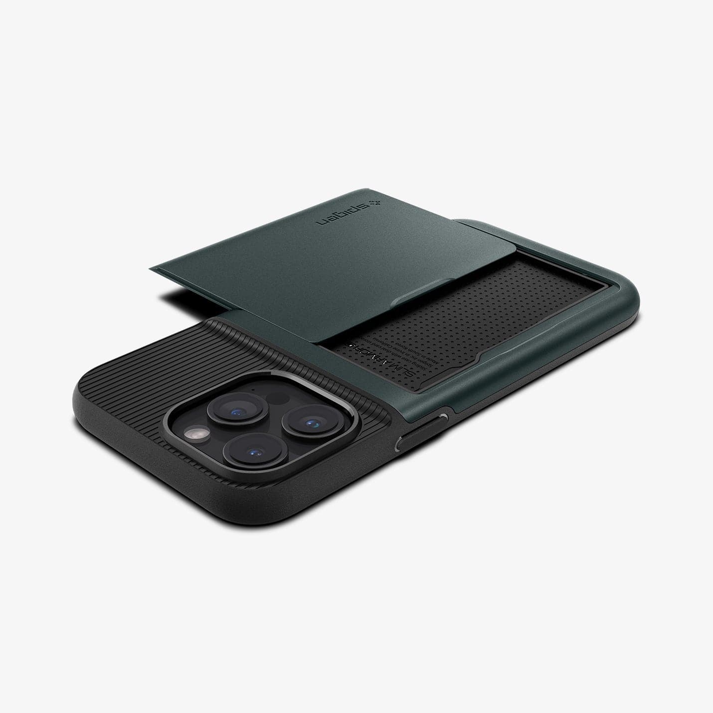 ACS06592 - iPhone 15 Pro Max Case Slim Armor CS in abyss green showing the back, side and top with card slot open