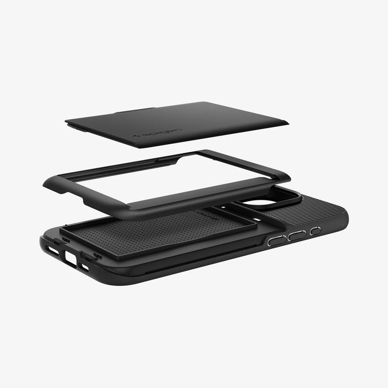 ACS06589 - iPhone 15 Pro Max Case Slim Armor CS in black showing the multiple layers of card slot hovering above the case