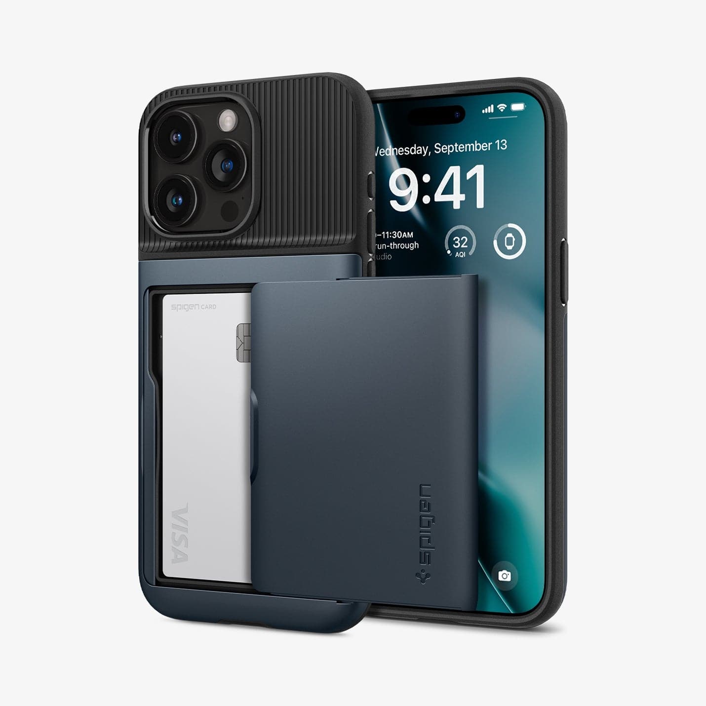ACS06591 - iPhone 15 Pro Max Case Slim Armor CS in metal slate showing the back and front with card in slot