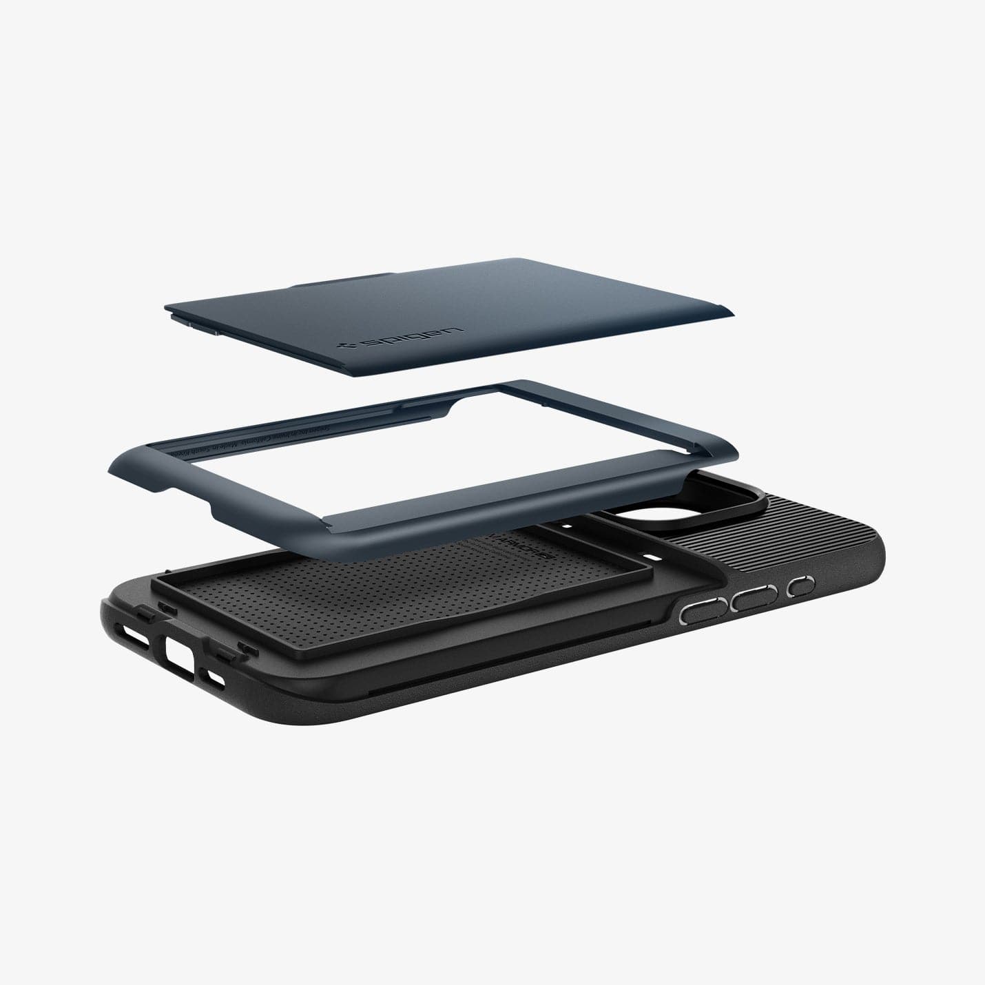 ACS06591 - iPhone 15 Pro Max Case Slim Armor CS in metal slate showing the multiple layers of card slot hovering above the case