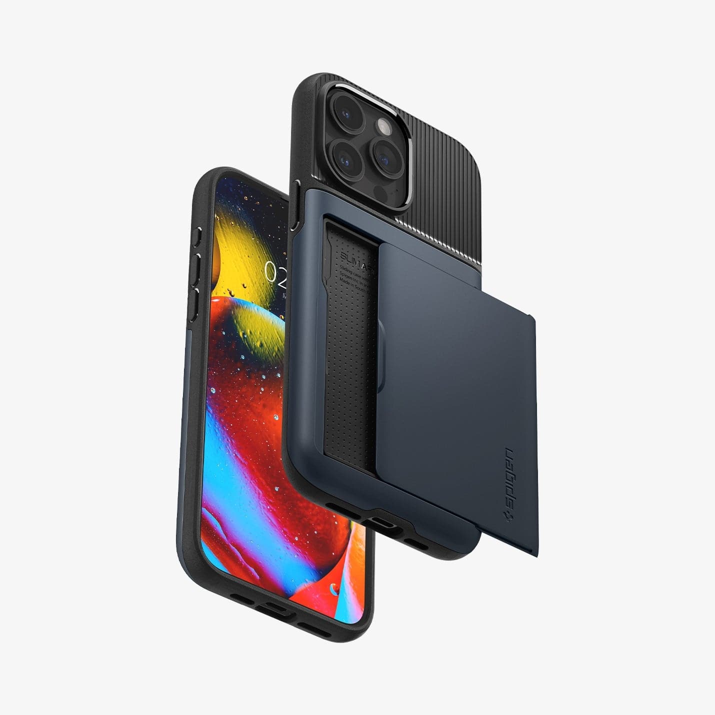 ACS06591 - iPhone 15 Pro Max Case Slim Armor CS in metal slate showing the back, front and sides with card in slot