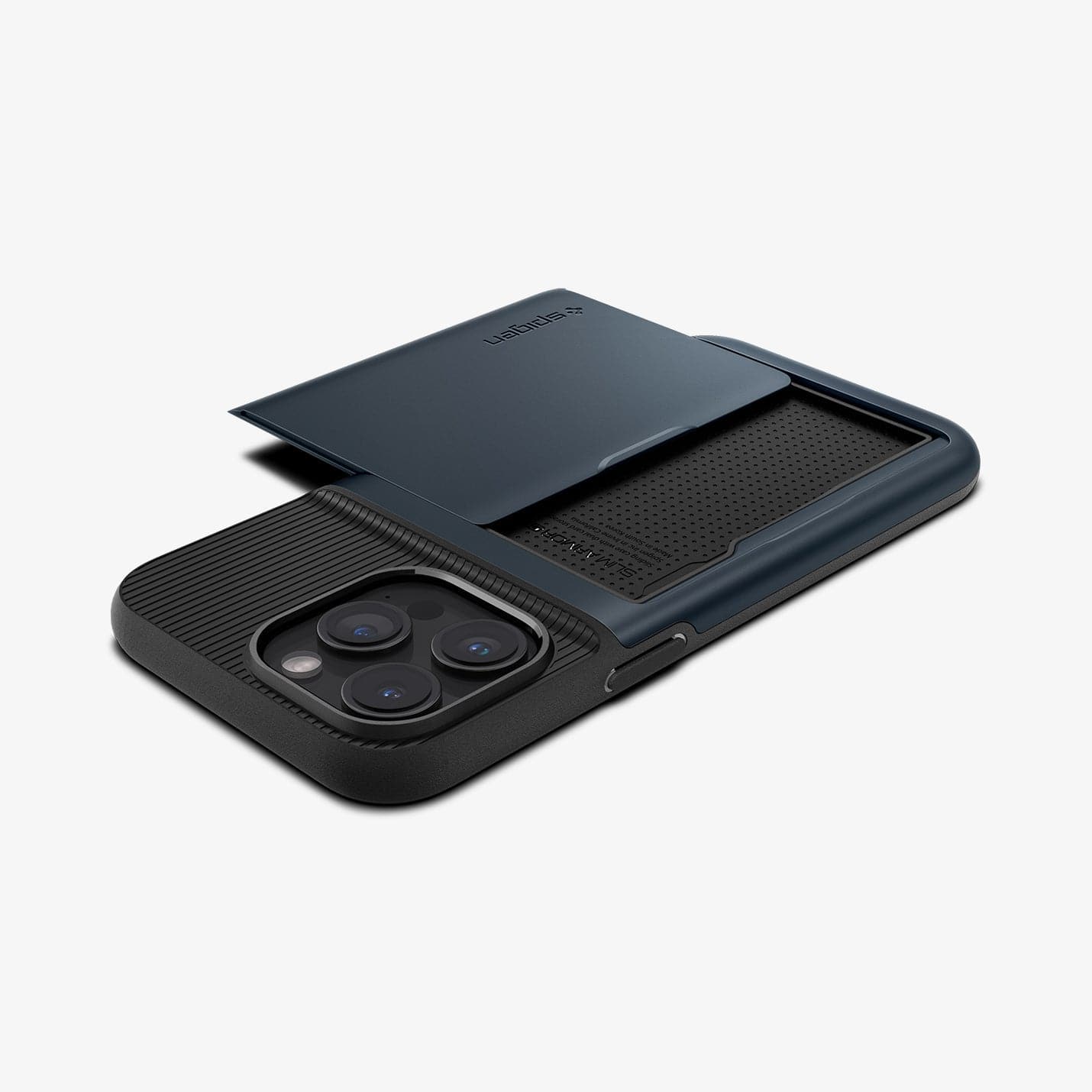 ACS06591 - iPhone 15 Pro Max Case Slim Armor CS in metal slate showing the back, side and top with card slot open