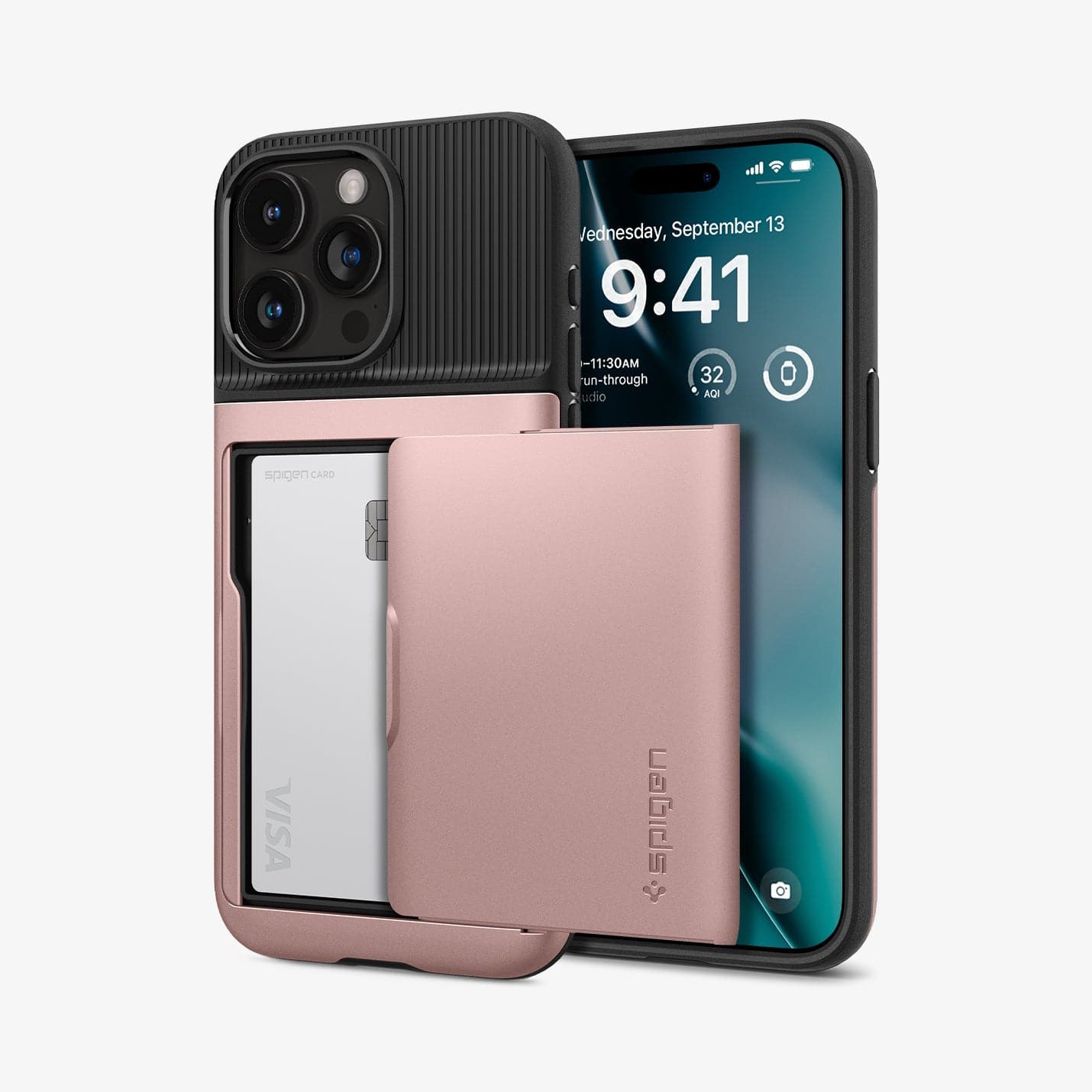 ACS06590 - iPhone 15 Pro Max Case Slim Armor CS in rose gold showing the back and front with card in slot